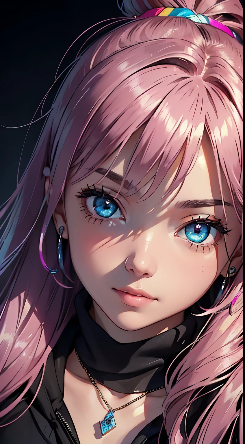 semi-realistic cinematic artwork, a close up on a mischevieous girl wearing a black hoodie with neon pink details, neon pink, cute expression, curious eyes, shimmering eyes, long hair, (smilling), ponytail, she has lovely bangs, the girl wears a cute earing, necklace, beautiful vivid eyes, portrait of a sensual girl, comfy, the iamge trasnmit good feeling, relaxed atsmophere, realxed expression, detailed strands of hair, soft lips, elegant. gracious girl, depth of field, detailed iris