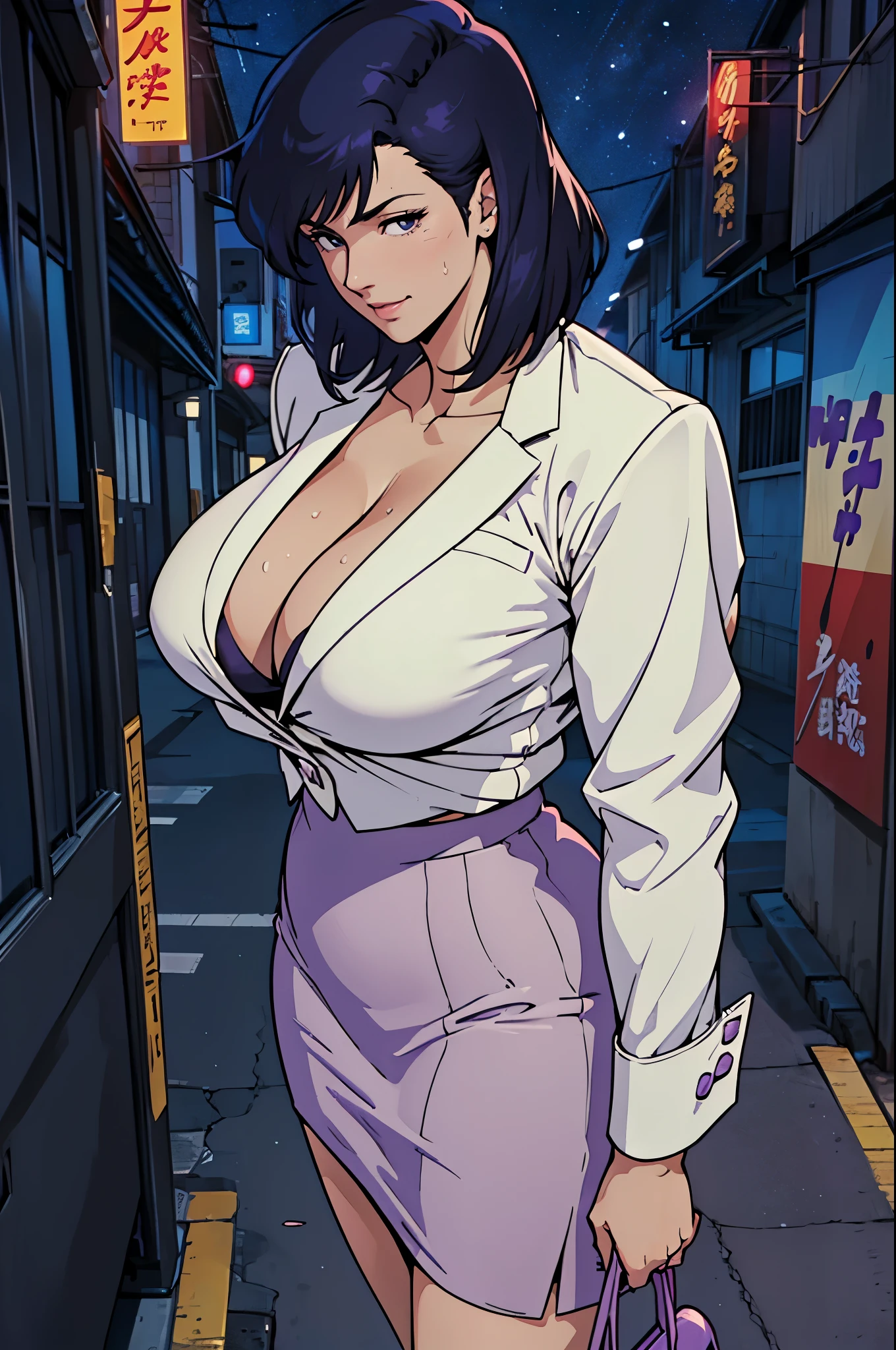 masterpiece, ultra quality, Beautiful detailed, extremely detailed,16K, exquisite, highres, Beautiful background, Beautiful eye, Beautiful skin, anime style, business suitを着ているSaekoがdowntown at nightで視聴者を誘う., Saeko, 28 years old, 1 girl, alone, upper body focus, smile, ecstatic expression, looking at the viewer, erotic, charm的な, charm, (Muscular female slender body, tall, clavicle, Fat, beautiful huge breasts, big ass, Fat, beautiful long legs), cleavage, perfect anatomy, sweaty, It&#39;s hard to breathe, vapor, (business suit), (white jacket), (light purple shirt), (blue pencil skirt), (pantyhose:1.1), (purple high heels), downtown at night, From above, cowboy shot, perfect quality, good quality, masterpiece, HDR, UHD,