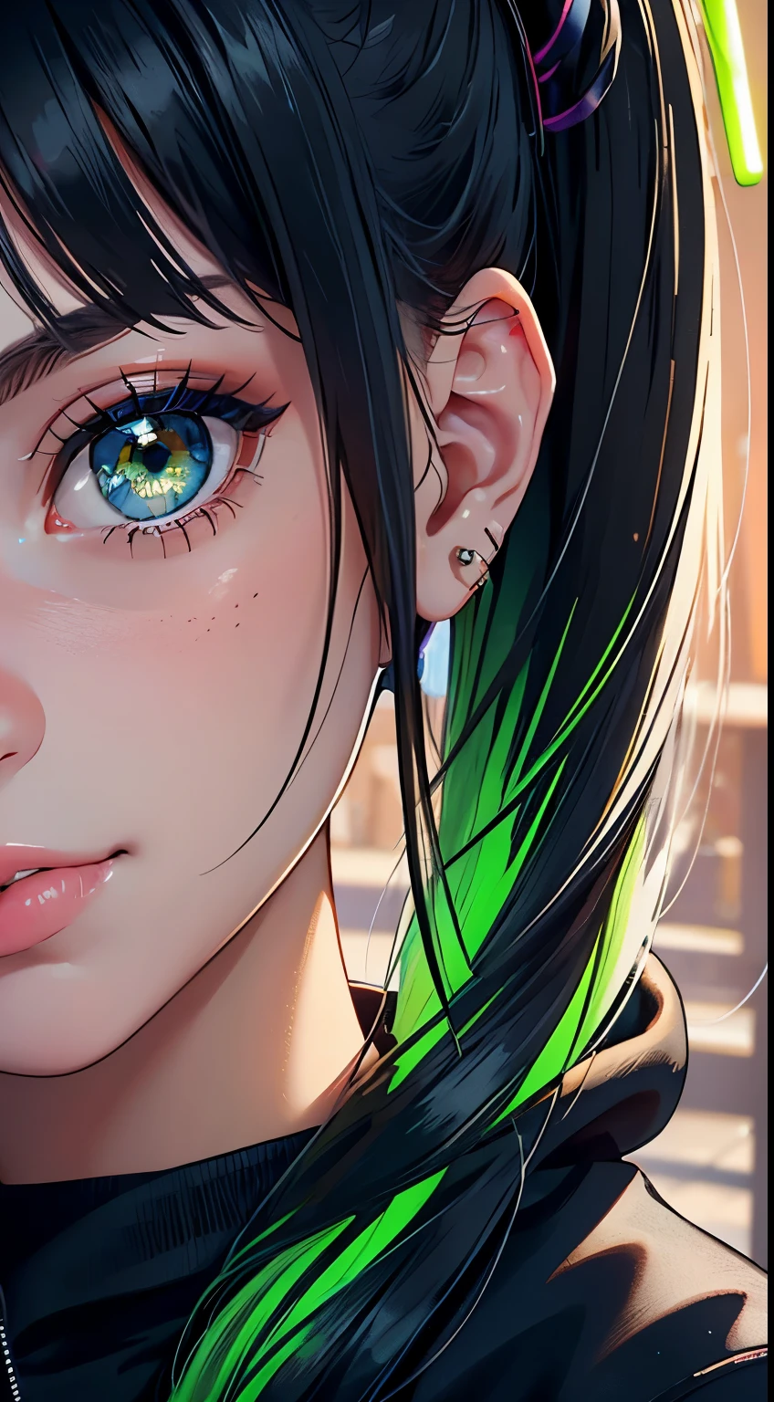 semi-realistic cinematic artwork, a close up on a mischevieous girl wearing a black hoodie with neon green details, neon green, cute expression, curious eyes, shimmering eyes, long hair, (smilling), ponytail, she has lovely bangs, the girl wears a cute earing, necklace, beautiful vivid eyes, portrait of a sensual girl, comfy, the iamge trasnmit good feeling, relaxed atsmophere, realxed expression, detailed strands of hair, soft lips, elegant. gracious girl, depth of field, detailed iris, tongue out, blushing
