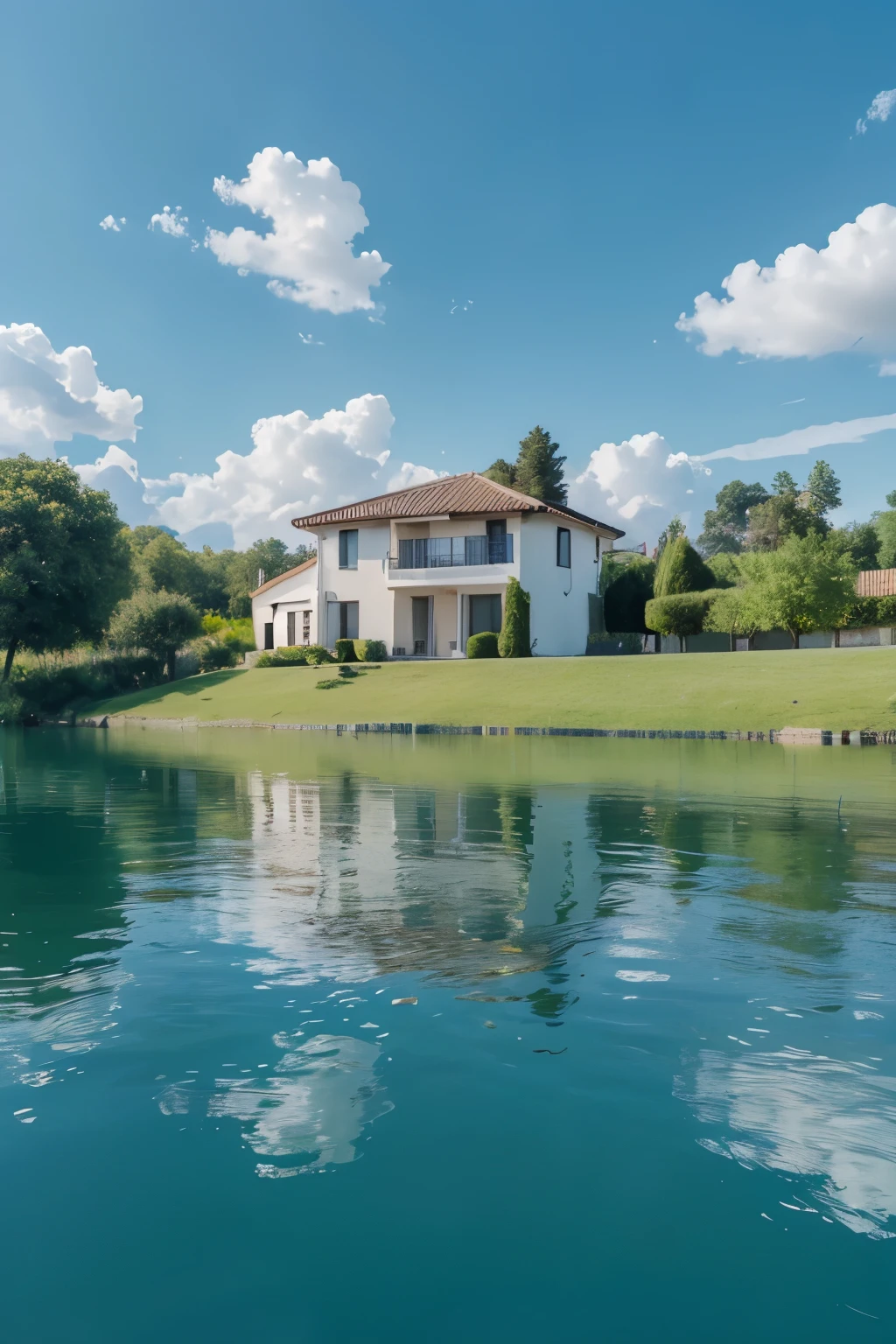 A row of villas on the lake，Blue sky and white clouds，green grass，The lake is clear