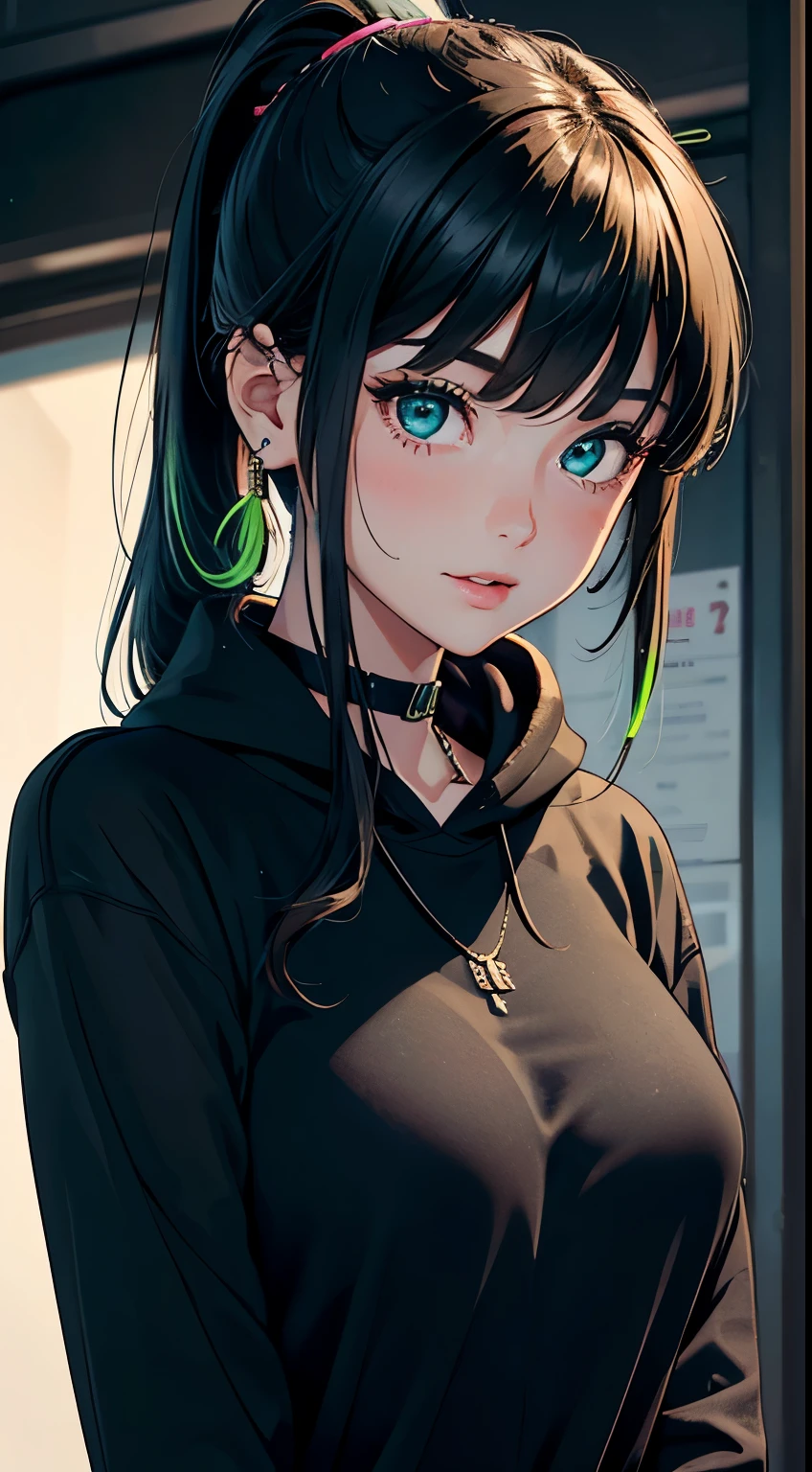 semi-realistic cinematic artwork, a close up on a mischevieous girl wearing a black hoodie with neon green details, neon green, cute expression, curious eyes, shimmering eyes, long hair, (smilling), ponytail, she has lovely bangs, the girl wears a cute earing, necklace, beautiful vivid eyes, portrait of a sensual girl, comfy, the iamge trasnmit good feeling, relaxed atsmophere, realxed expression, detailed strands of hair, soft lips, elegant. gracious girl, depth of field, detailed iris, tongue out, blushing