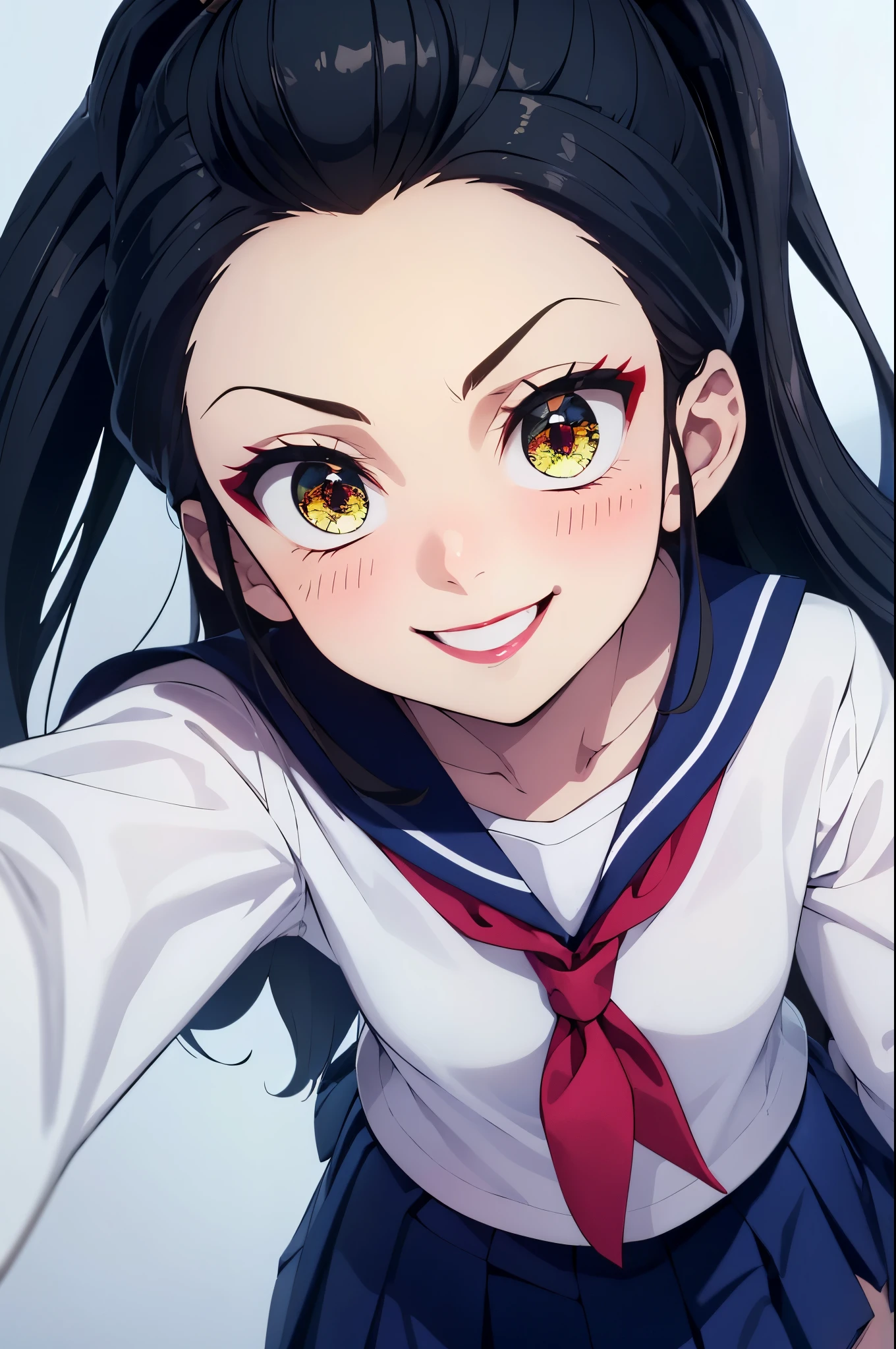 masterpiece,hyper quality, very detailed, perfect picture, CG, 3D, 8k, shape, Demon slayer, Fallen Princess, beautiful face girl, one beautiful girl, スリーサイズ B90W60H95, Droopy eyes but cute, Also々Cute but cute expression, blush, (best smile:1.3), black hair, ponytail, Upper body (navy blue sailor suit:1.3), (school uniform:1.3), long sleeve, (navy pleated skirt:1.3), white tie, (bends over:1.3)