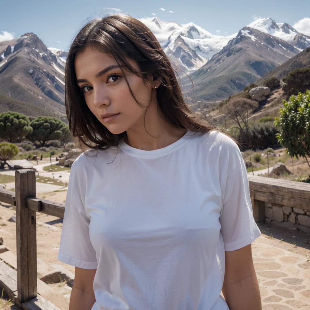 Obra maestra, mejor calidad, retrato fotorrealista, ultra-detalle, detallado, high resolution, Fondo de pantalla 8K, 1 mujer joven hermosa, Viste una camiseta blanca y jeans azul.., fondo cerros nevados, amanecer, dyed dark brown hair, perfect dynamic composition, hermosos detalles ojos,eyes on camera