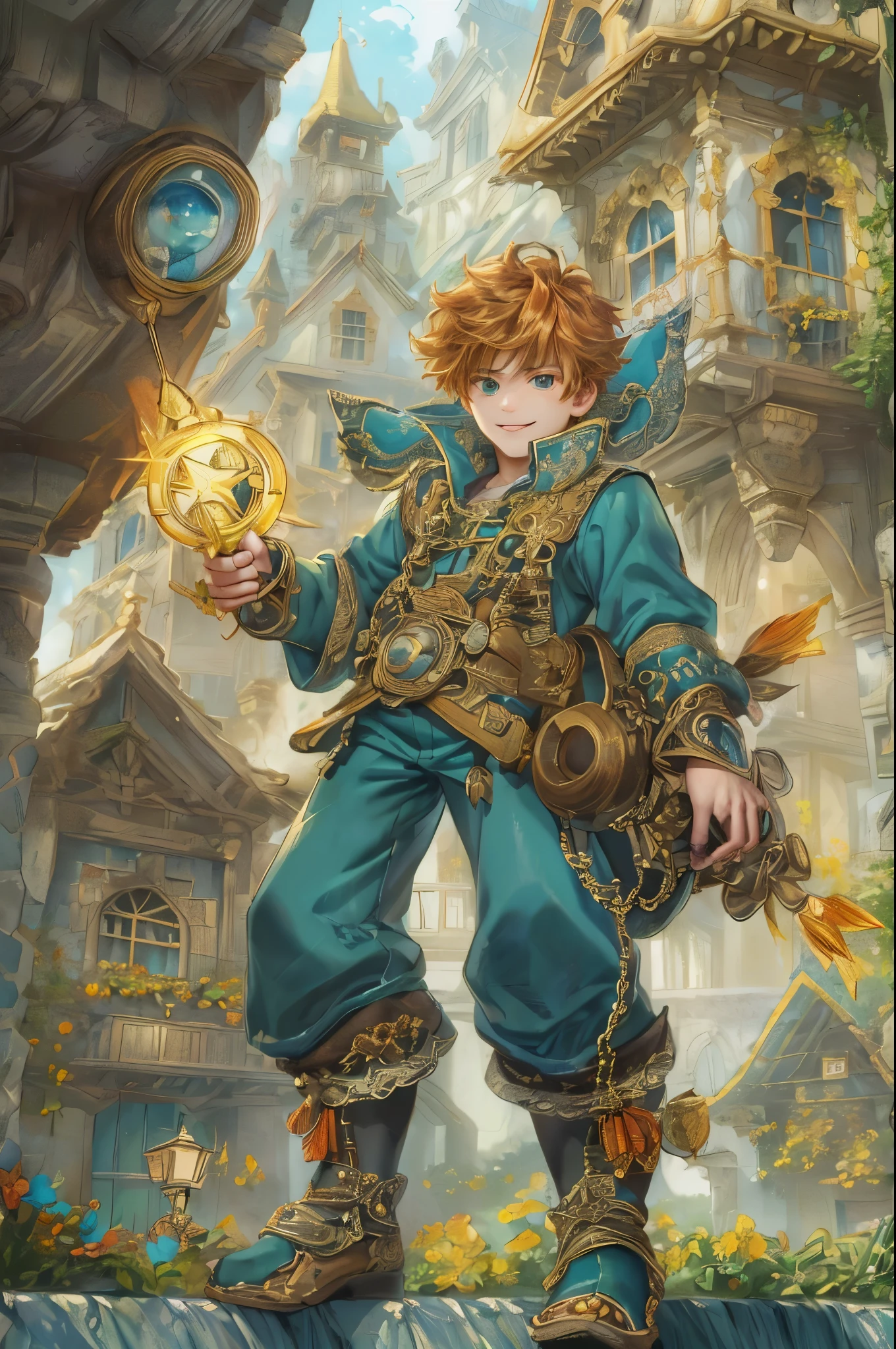((absurdres, highres, ultra detailed, perfect face), 1 boy , front view, young boy, handsome boy villain character from legend of mana, short hair, anime eyes, casual clothes with colorful details, eyes on the viewer, add red details to picture and smirk, dimples, extremely detailed CG unity 8k wallpaper, add blue details on side, intricate details and add yellow details on left, detailed interior item shop, weapon ornaments on walls, detailed houses town scenery on window background