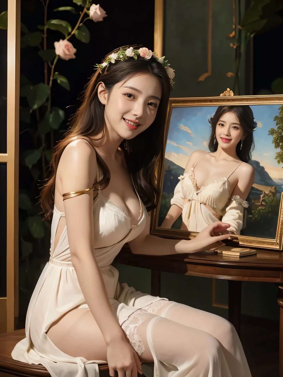 Giorgione painting style,Arguments of two female P、roses in vase、fruits、Cute trinkets、smile、ancient greek costume、Background is a forest lake at night 、Clothes that stretch your shoulders、Sexy lingerie,A big smile、beautiful bare skin,Woman singing with sheet music