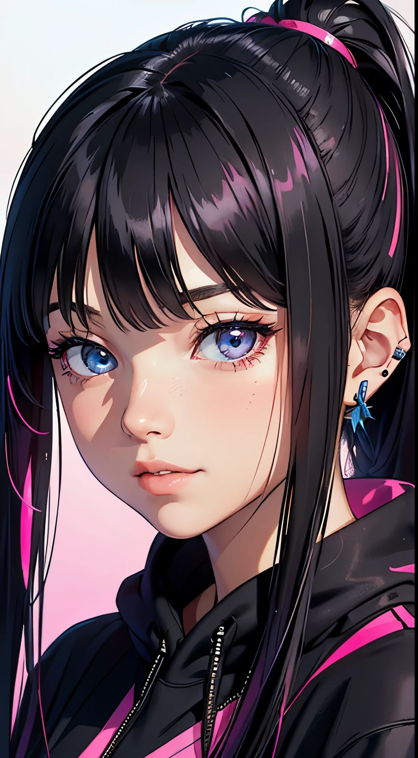 semi-realistic cinematic artwork, a close up on a mischevieous girl wearing a black hoodie with neon pink details, neon pink, cute expression, curious eyes, shimmering eyes, long hair, (smilling), ponytail, she has lovely bangs, the girl wears a cute earing, necklace, beautiful vivid eyes, portrait of a sensual girl, comfy, the iamge trasnmit good feeling, relaxed atsmophere, realxed expression, detailed strands of hair, soft lips, elegant. gracious girl, depth of field, detailed iris