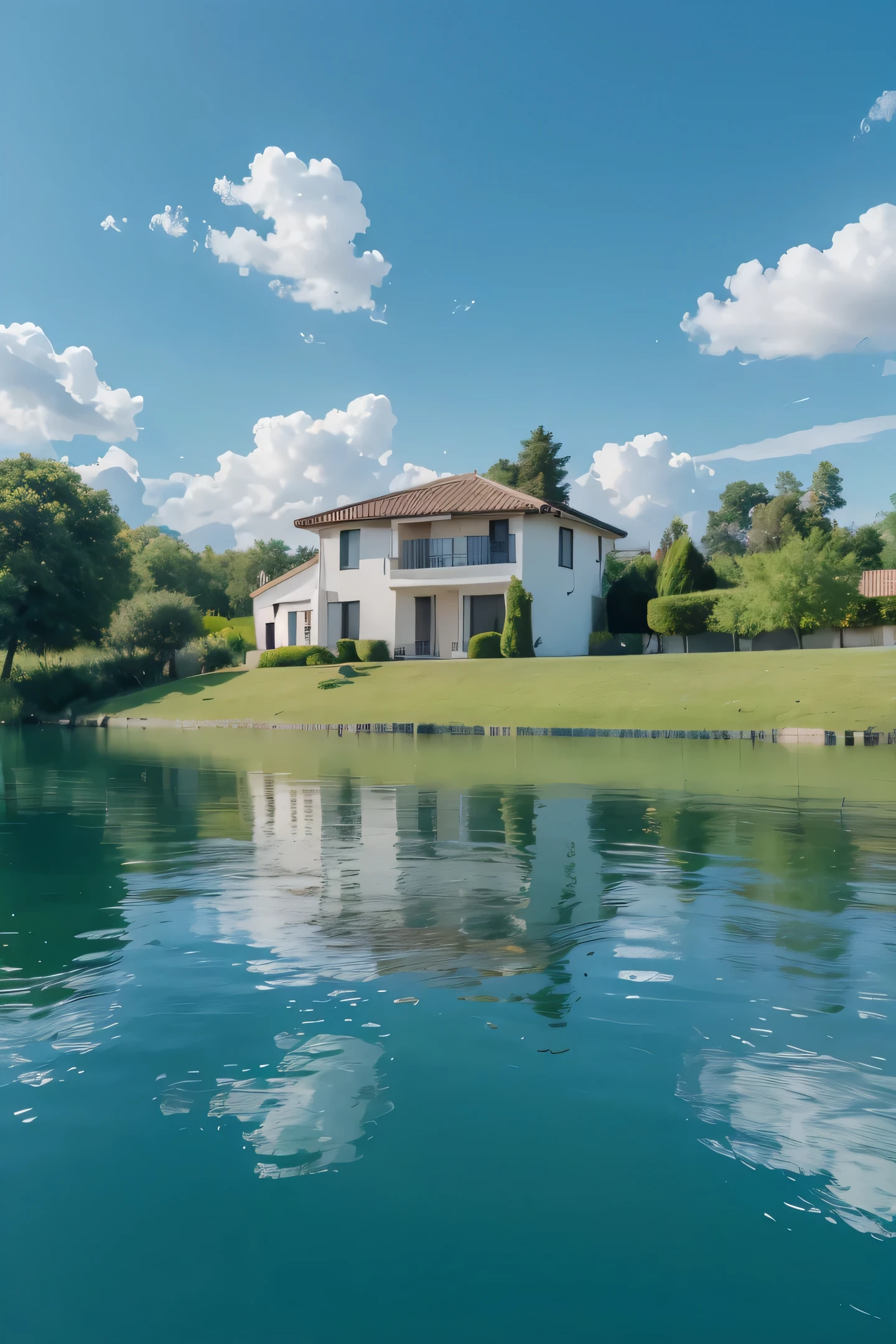 A row of houses on the lake，Blue sky and white clouds，green grass，The lake is clear