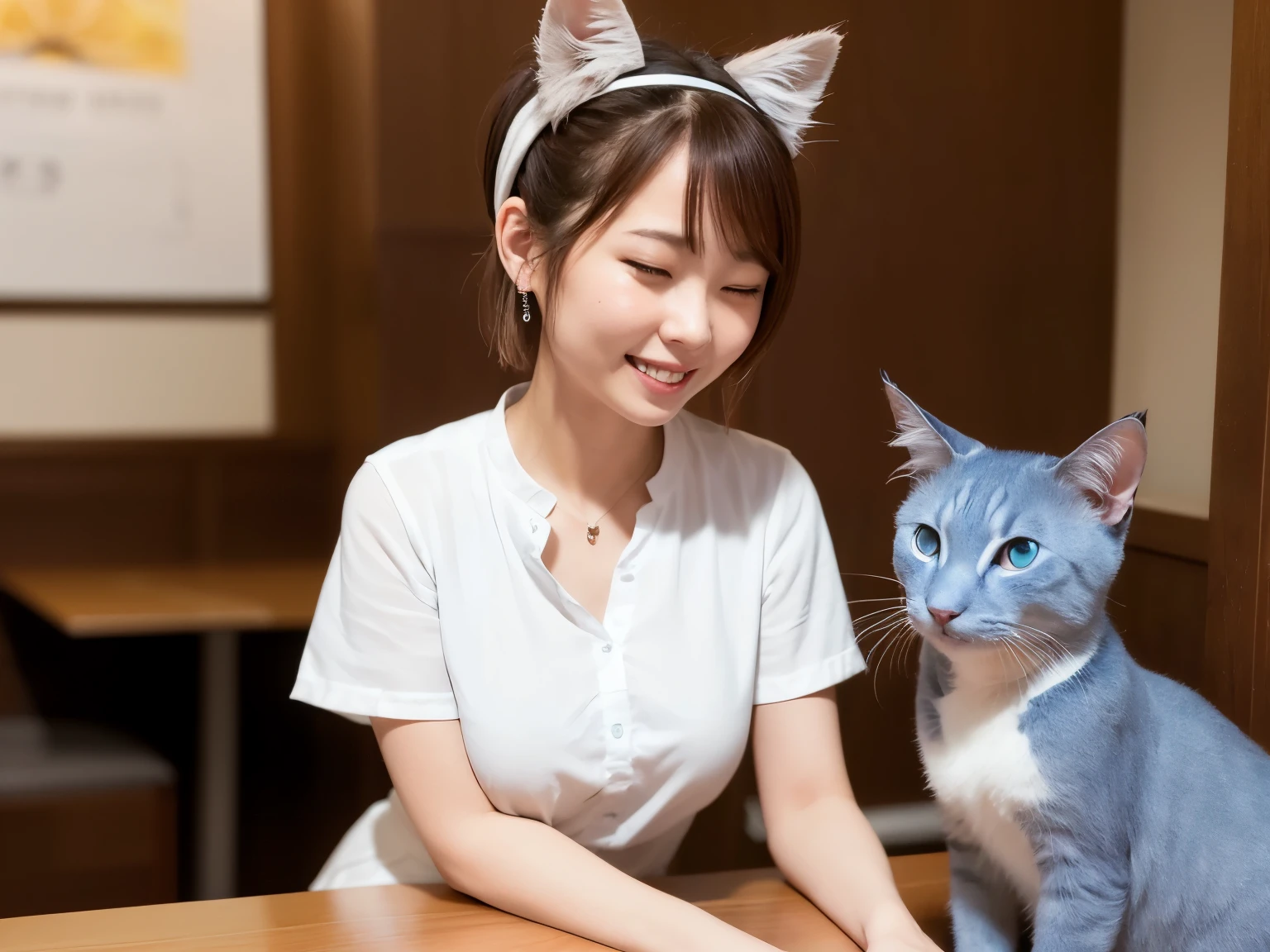 (Raw photography, top-quality), (realisitic), (blue Cat's ears:1.2), top-quality, masterpiece, extremely delicate and beautiful, ighly detailed, nffsw, Unity,2k wallpaper, detaile, masterpiece, top-quality, huge filesize, ultra-detailliert, hight resolution, ighly detailed,1girl in,Slim body,(Short sleeved shirt:1.1), (pleatedskirt:1.3), Porcelain Skin,(Brown hair),close up of face、straight, haired, extra detailed face, looking away, Smile, Sateen ,
Japanese, cute, smile, bra,
Woman laughing happily in a restaurant,
Have a drink,