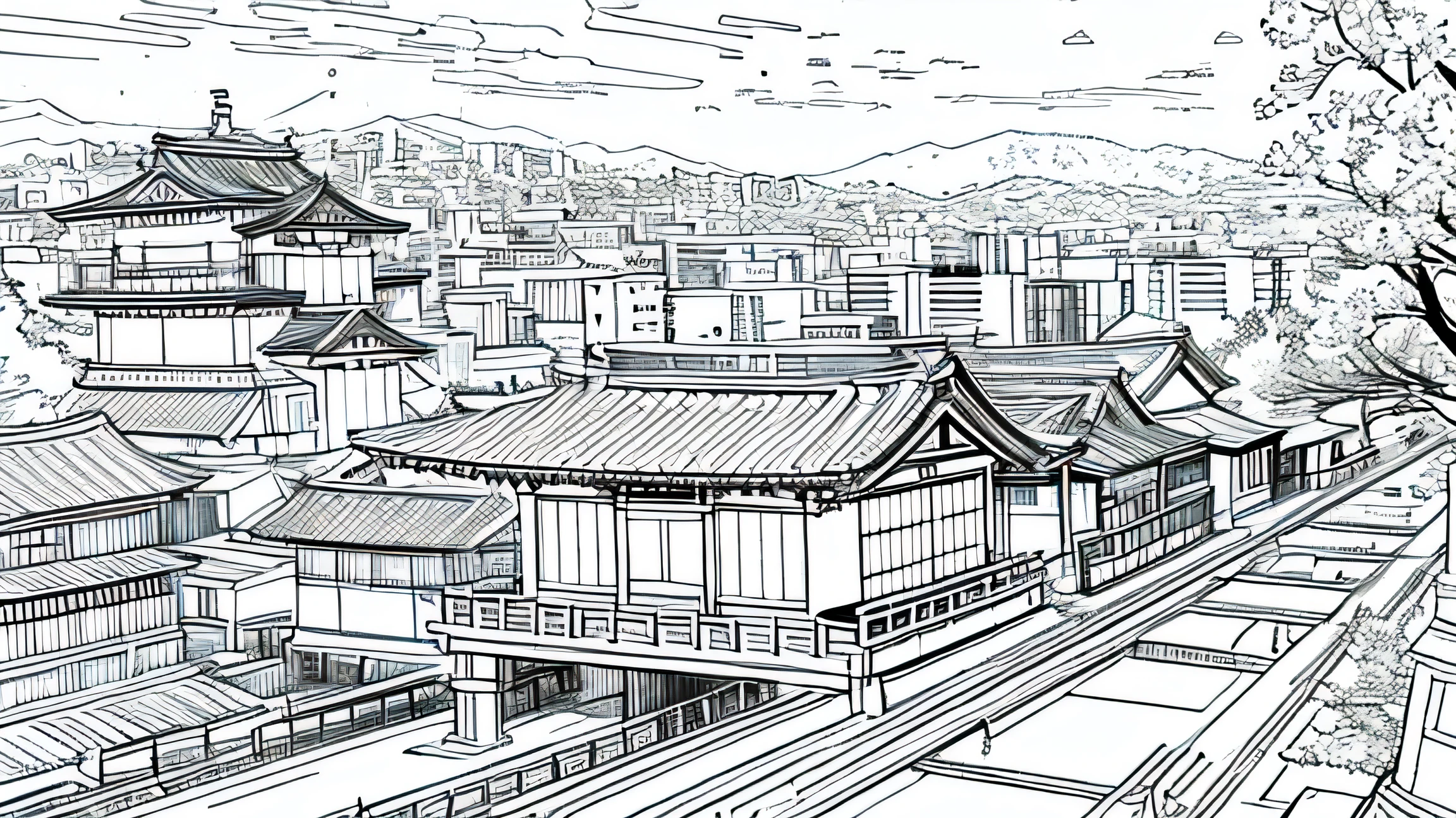 Kyoto cityscape coloring book Unfilled line drawing only