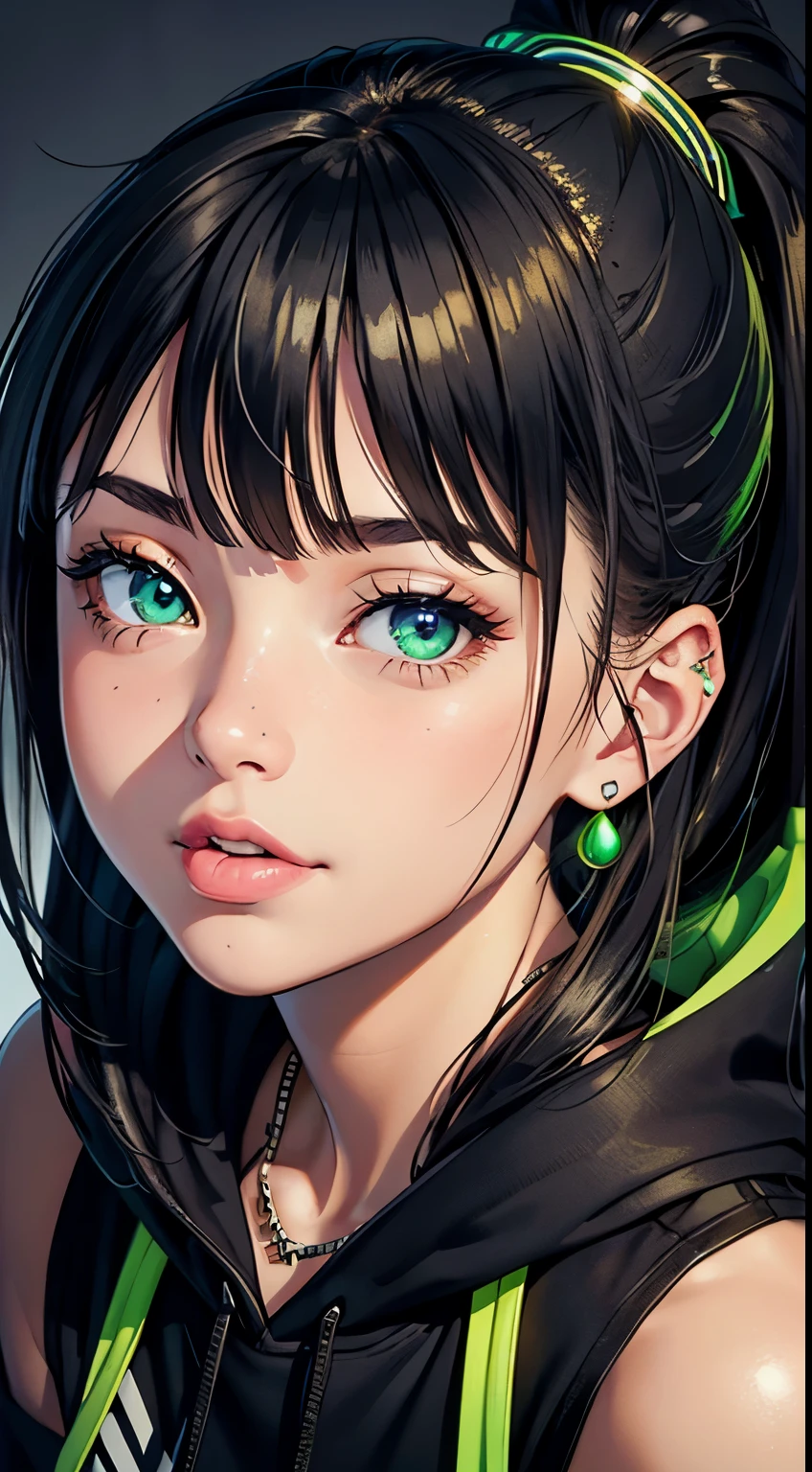 semi-realistic cinematic artwork, a close up on a mischevieous girl wearing a black hoodie with neon green details, neon green, cute expression, curious eyes, shimmering eyes, long hair, (smilling), ponytail, she has lovely bangs, the girl wears a cute earing, necklace, beautiful vivid eyes, portrait of a sensual girl, comfy, the iamge trasnmit good feeling, relaxed atsmophere, realxed expression, detailed strands of hair, soft lips, elegant. gracious girl, depth of field, detailed iris, tongue out, blushing