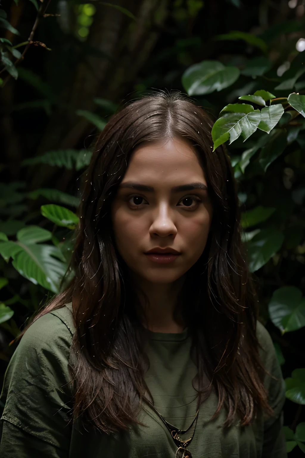 still cinematic, filmado por Guillermo del Toro, Em meio a uma floresta profunda e escura, an enigmatic being emerges - an amalgam of flora and fauna, com vinhas para cabelo, olhos brilhando como brasas, e pele adornada com escamas iridescentes