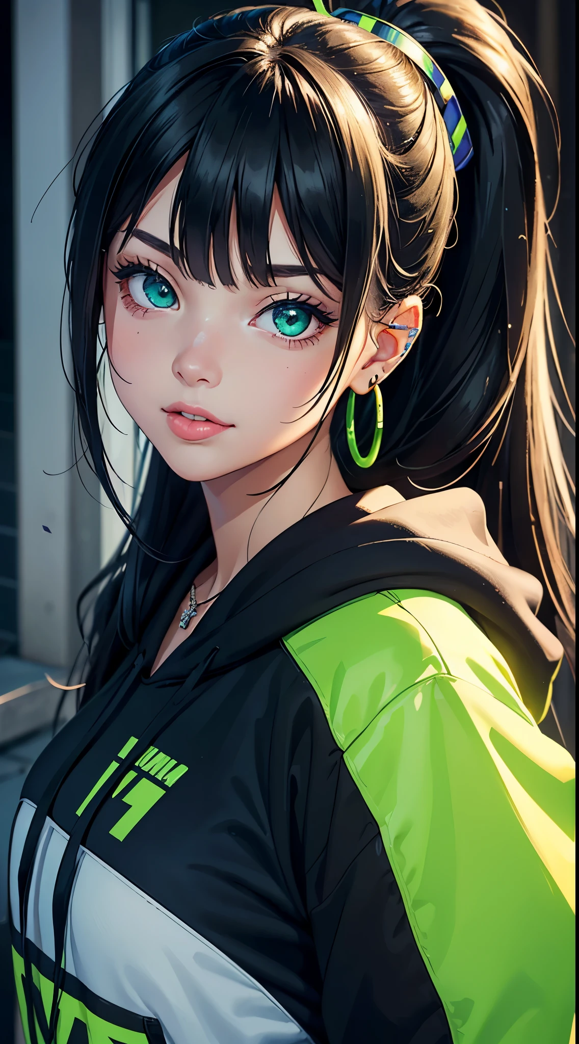 semi-realistic cinematic artwork, a close up on a mischevieous girl wearing a black hoodie with neon green details, neon green, cute expression, curious eyes, shimmering eyes, long hair, (smilling), ponytail, she has lovely bangs, the girl wears a cute earing, necklace, beautiful vivid eyes, portrait of a sensual girl, comfy, the iamge trasnmit good feeling, relaxed atsmophere, realxed expression, detailed strands of hair, soft lips, elegant. gracious girl, depth of field, detailed iris, tongue out