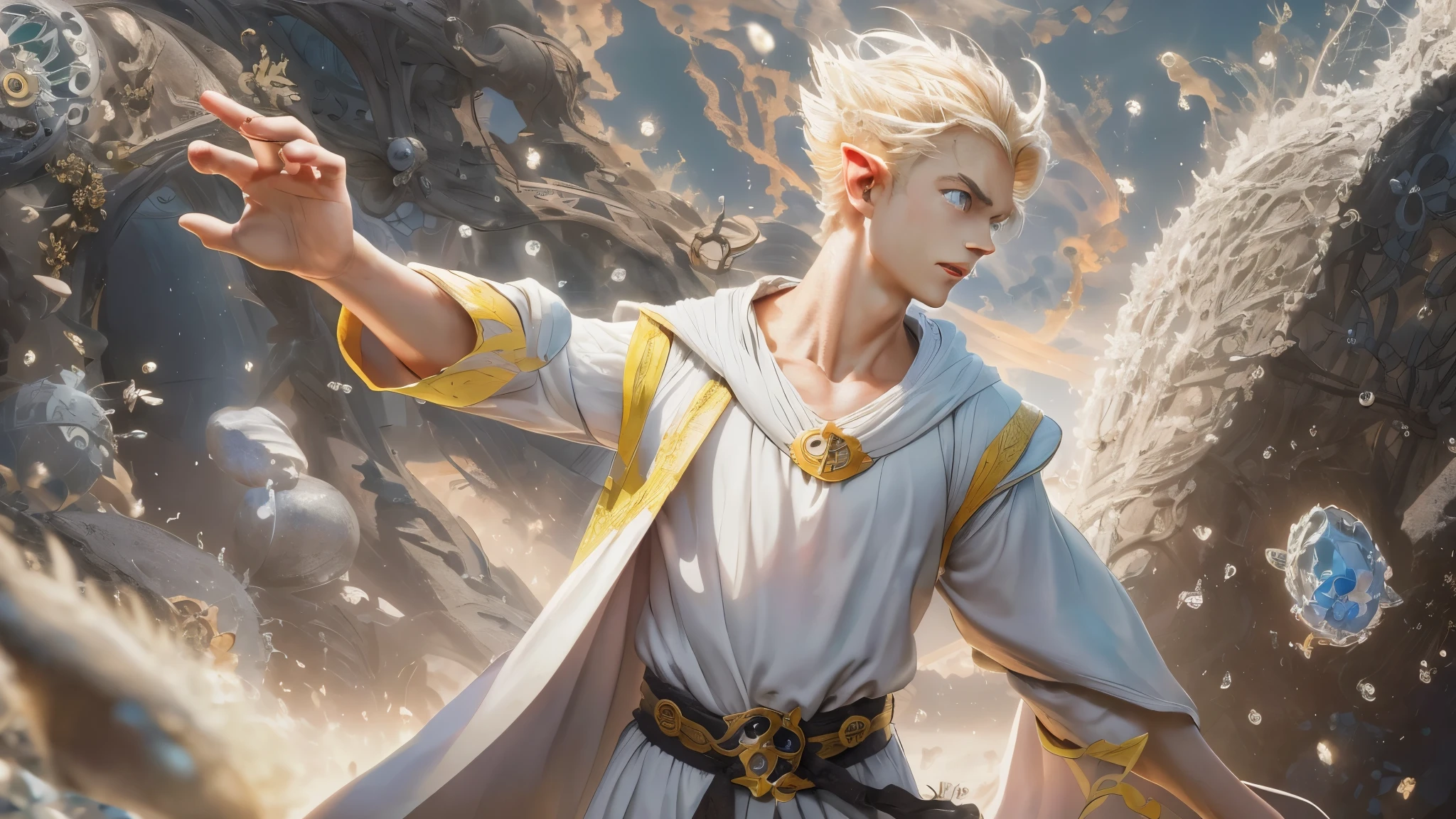 (master piece), 8k, best quality, elf boy, childlike appearance, male, teenager, 14 years old, 1.70 meters tall, white skin, thin body, pointed elf ears, beautiful finely detailed silver eyes , high forehead, spiky yellow blonde hair like Gohan from the anime dragon ball (super sayajin), Incredibly handsome, conservative elven clothing, fighting, throwing salt stones at enemies,