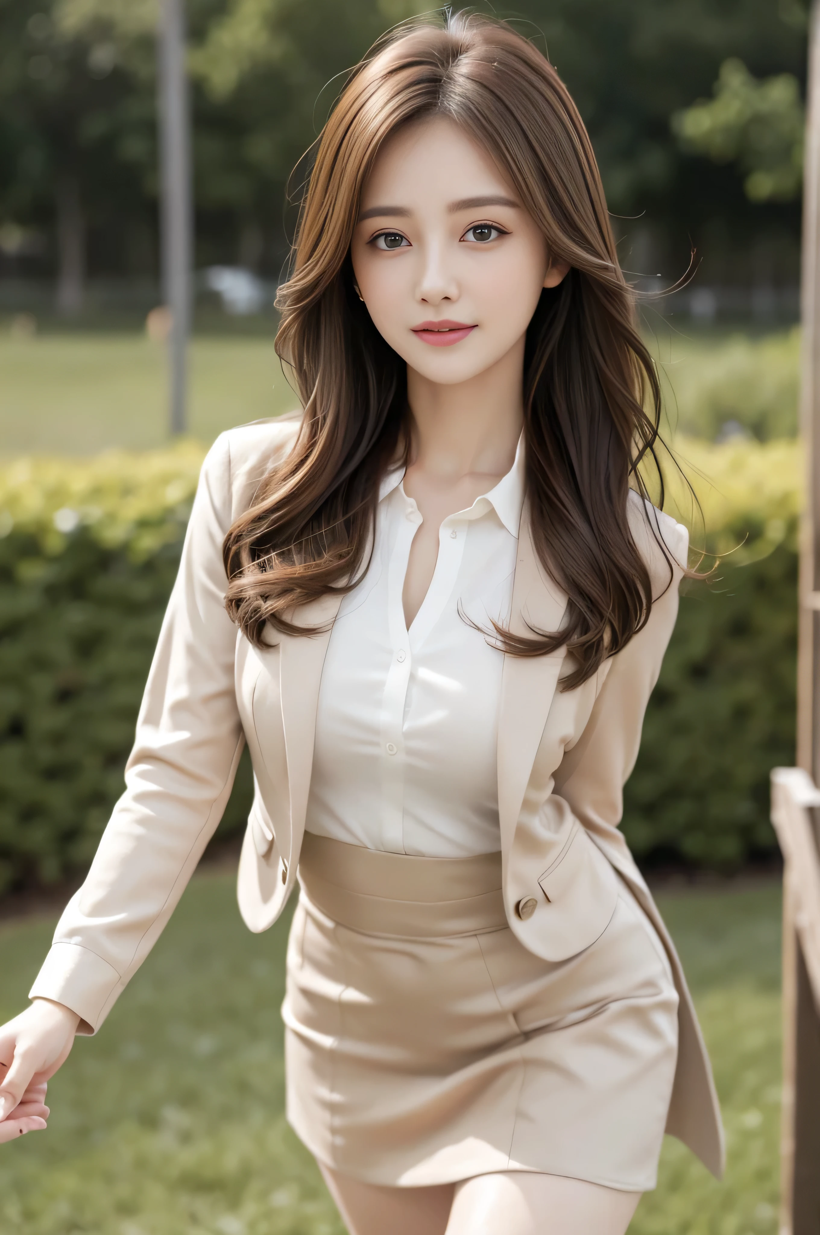 Bread chira、whole body、field, best quality, Realistic, super detailed, down to the last detail, High resolution, 4k wallpaper, Beautiful woman,, light brown hair, wore a suit, perfect dynamic composition, beautiful and delicate eyes, delicate hair, Round face model body type、mini skirt、drooping eyes、shy smile