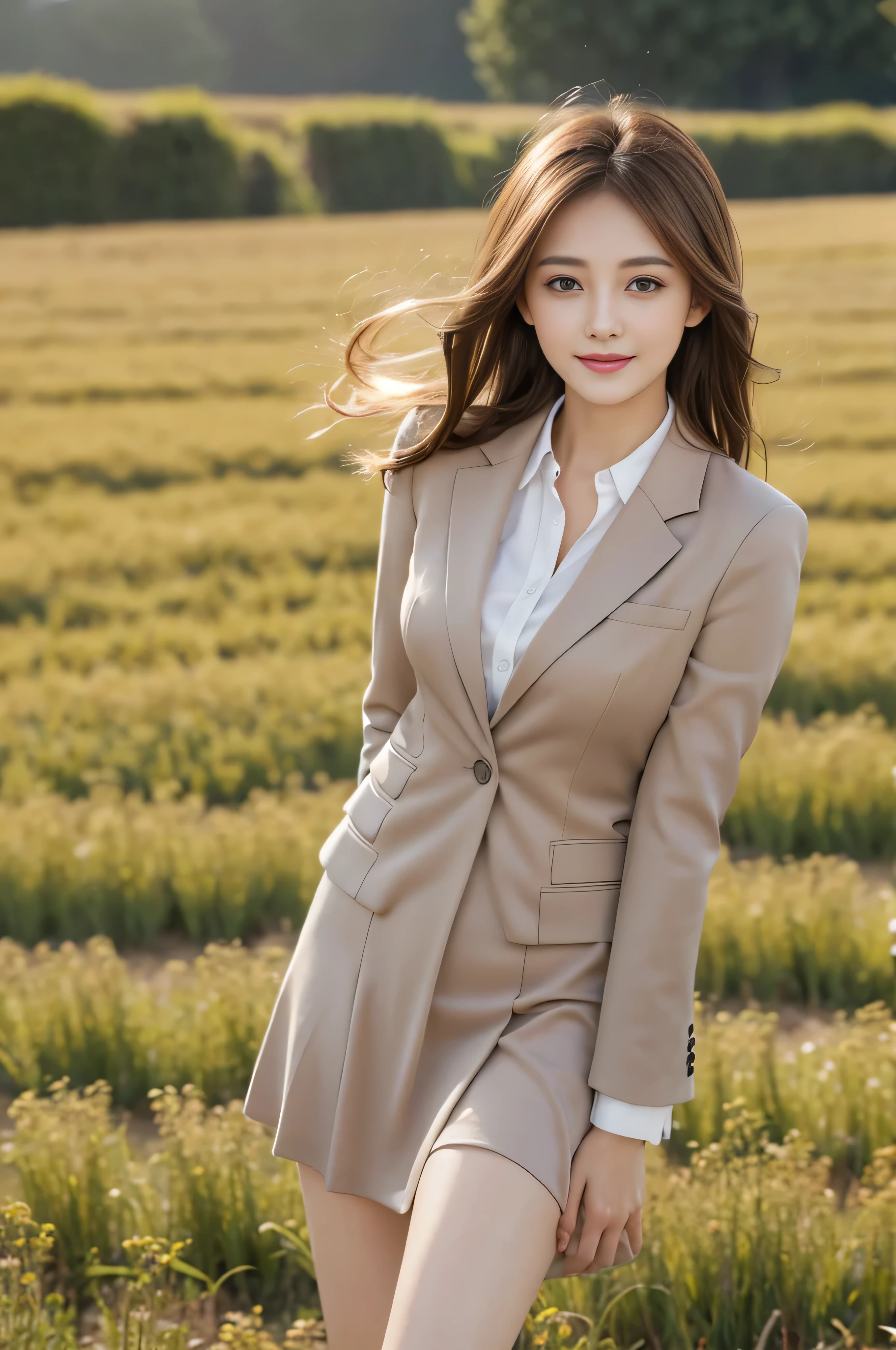 Bread chira、whole body、field, best quality, Realistic, super detailed, down to the last detail, High resolution, 4k wallpaper, Beautiful woman,, light brown hair, wore a suit, perfect dynamic composition, beautiful and delicate eyes, delicate hair, Round face model body type、mini skirt、drooping eyes、shy smile