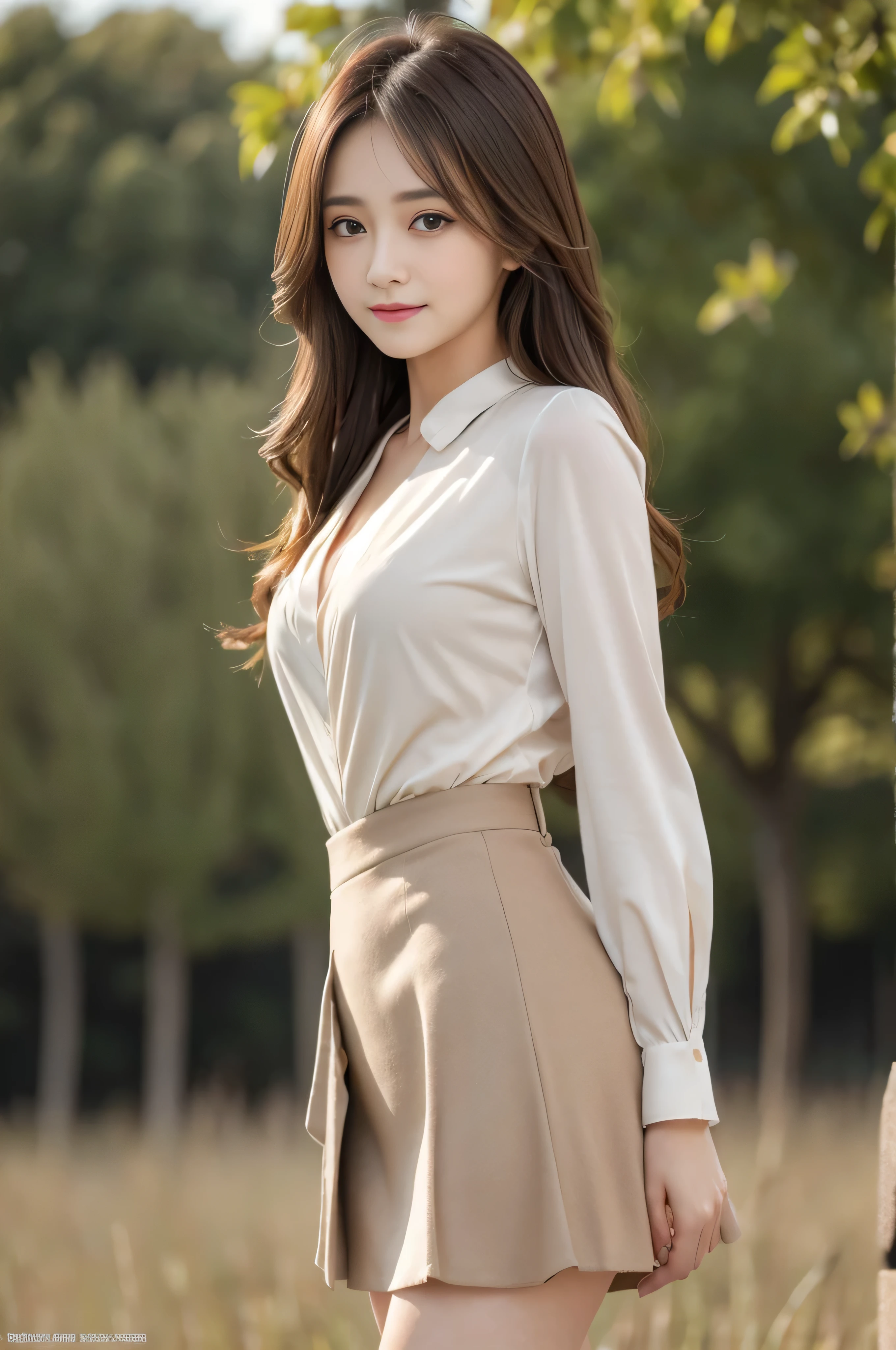 Bread chira、whole body、field, best quality, Realistic, super detailed, down to the last detail, High resolution, 4k wallpaper, Beautiful woman,, light brown super long hair, wore a suit, perfect dynamic composition, beautiful and delicate eyes, delicate hair, Round face model body type、mini skirt、drooping eyes、shy smile,