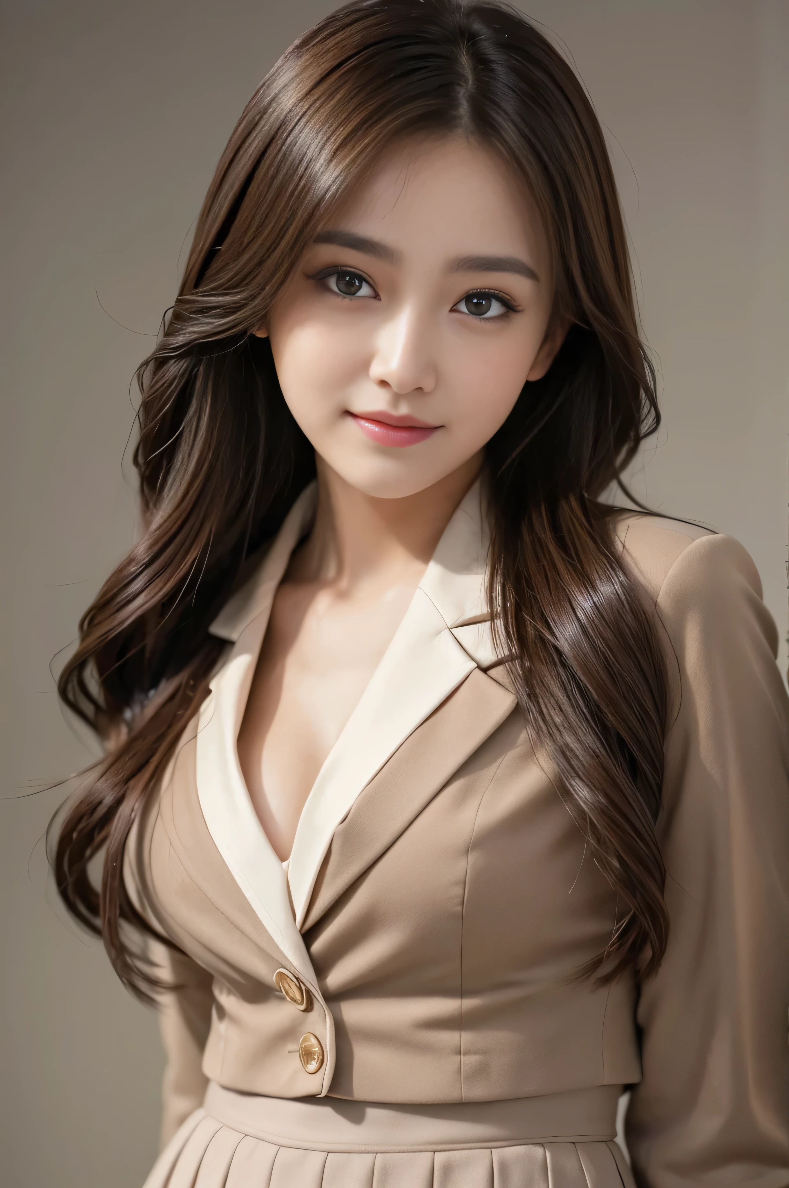 Bread chira、whole body、field, best quality, Realistic, super detailed, down to the last detail, High resolution, 4k wallpaper, Beautiful woman,, light brown super long hair, wore a suit, perfect dynamic composition, beautiful and delicate eyes, delicate hair, Round face model body type、mini skirt、drooping eyes、shy smile,