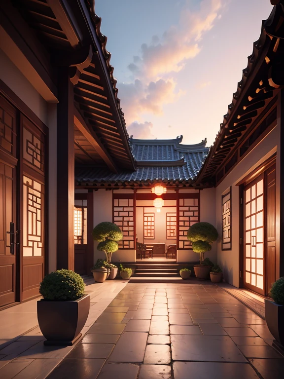 A courtyard, Chinese style, realism, luxury, single-family villa garden, evening scenery, sky clouds sunset, excellent picture quality, 8k ultra high definition