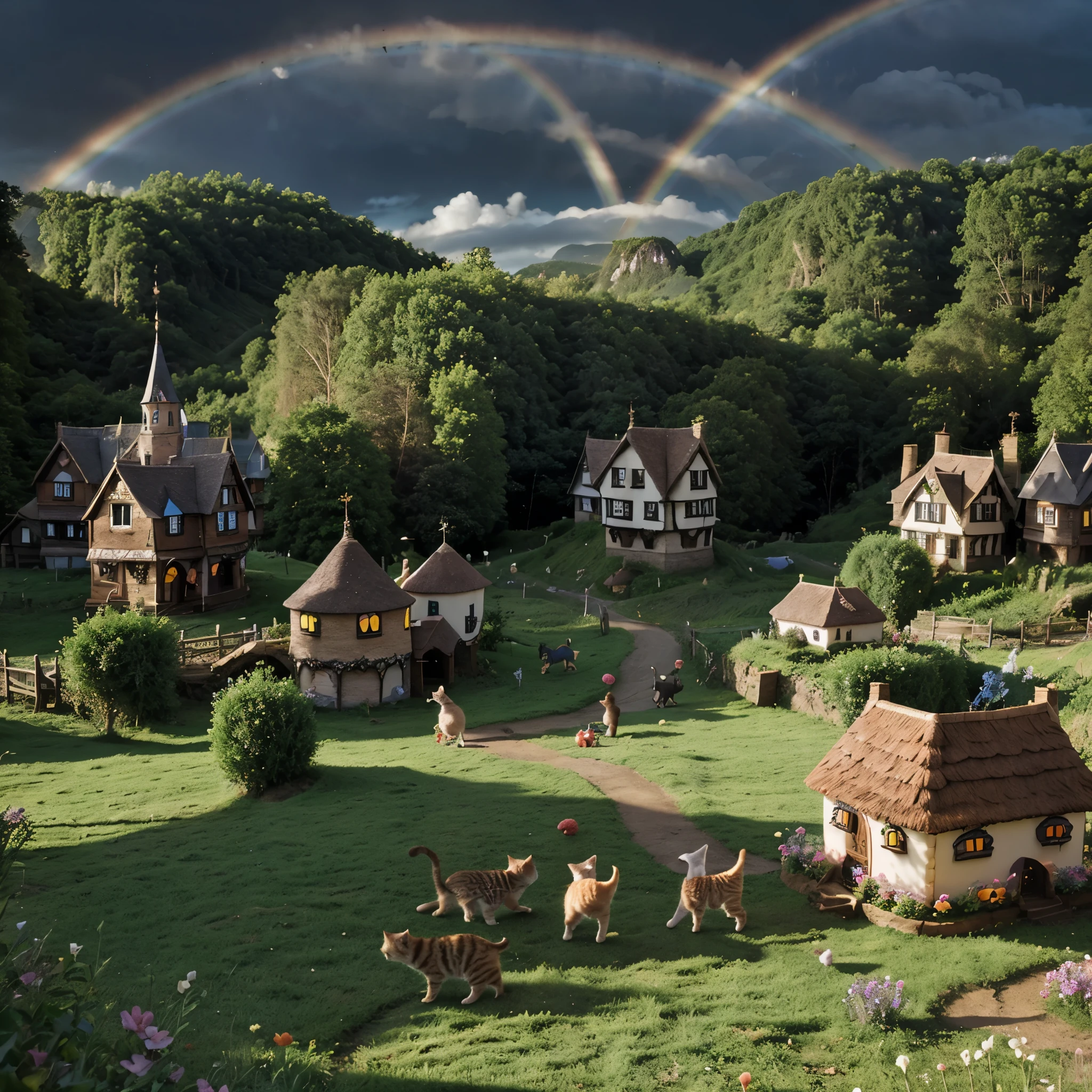 Kittens playing in a fairy village chasing and eating fairies. Rainbows in the back ground.