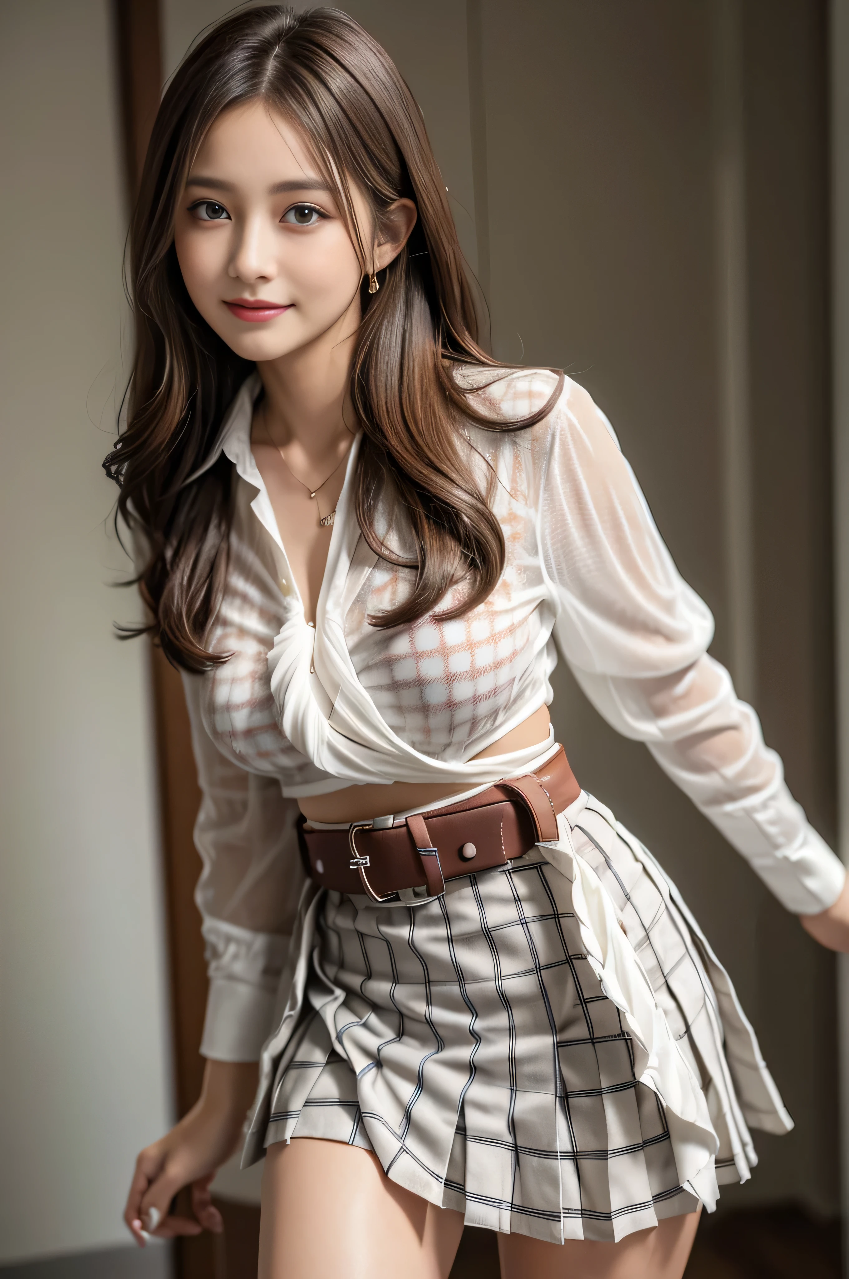 (8k, best quality, masterpiece: 1.2), 1girl, hair ornament, portrait, (school uniform, plaid skirt: 1.1), necklace, blue nails, cute, cityscape, night, rain, wet, professional lighting, photon mapping, radio, body display,(adult female:1.3), (intricate details, taut clothes, hair accessories: 1.2),