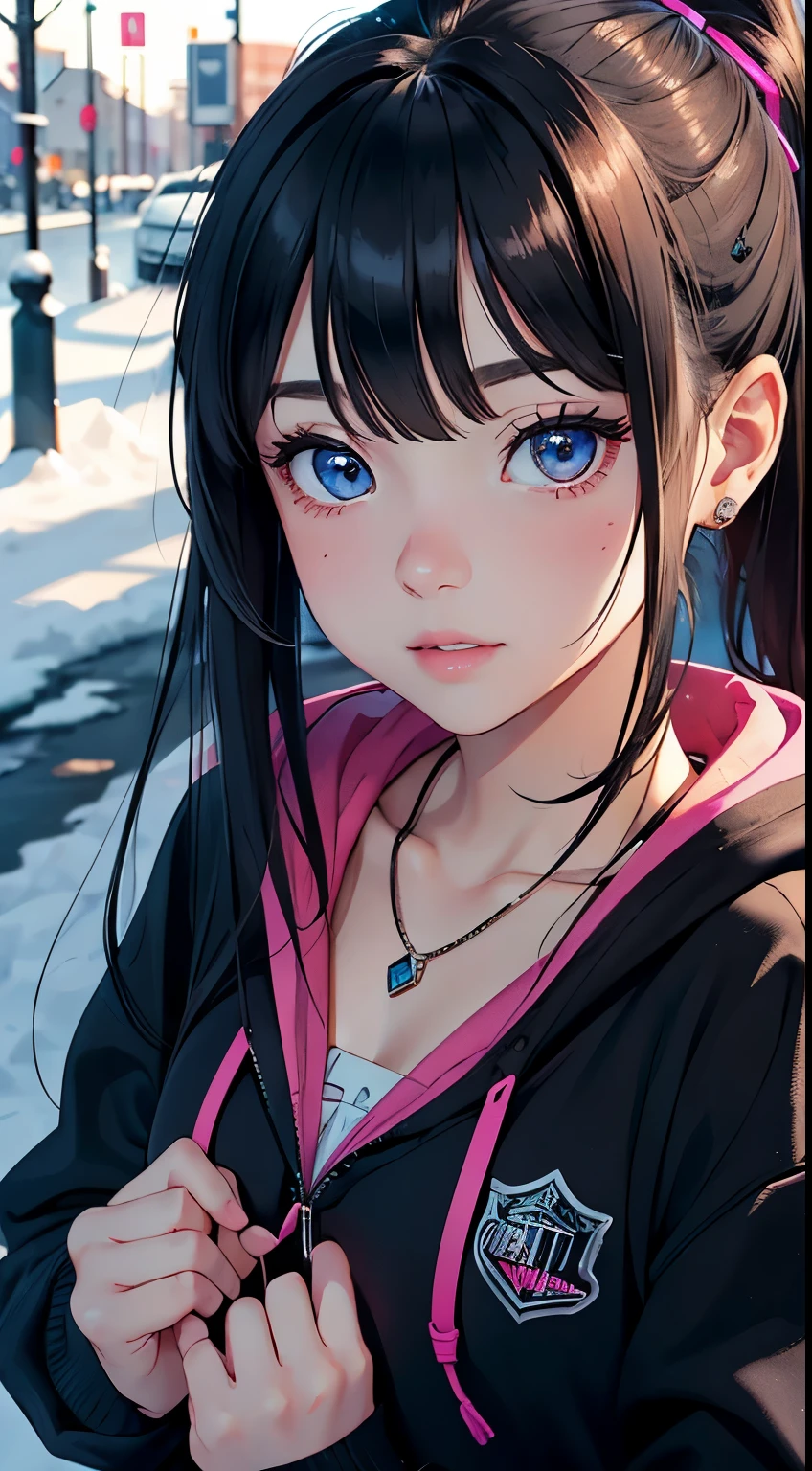 semi-realistic cinematic artwork, a close up on a mischevieous girl wearing a black hoodie with neon pink details, neon pink, cute expression, curious eyes, shimmering eyes, short hair, (smilling), ponytail, she has lovely bangs, the girl wears a cute earing, necklace, beautiful vivid eyes, portrait of a sensual girl, comfy, the iamge trasnmit good feeling, relaxed atsmophere, realxed expression, detailed strands of hair, soft lips, elegant. gracious girl, depth of field, detailed iris