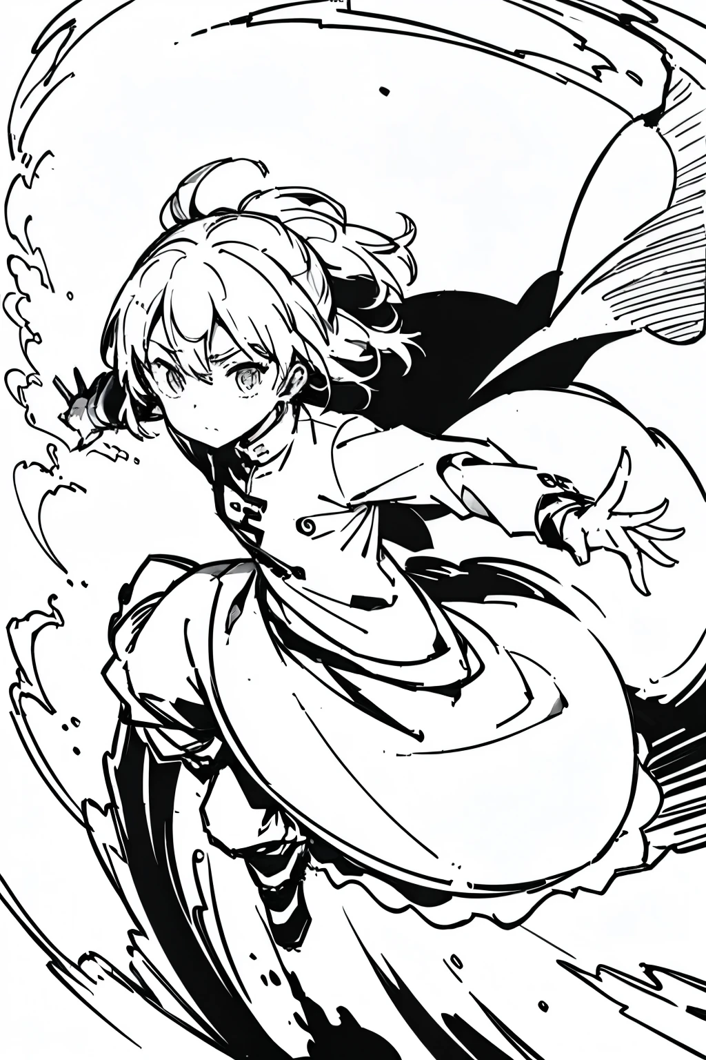 A girl, Cool, Sketch, Focus on the main character, Adventure scenes, Barren Gobi.An exaggerated expression of action, Panoramic view, An exaggerated action,Whole body, black line sketch, white background
