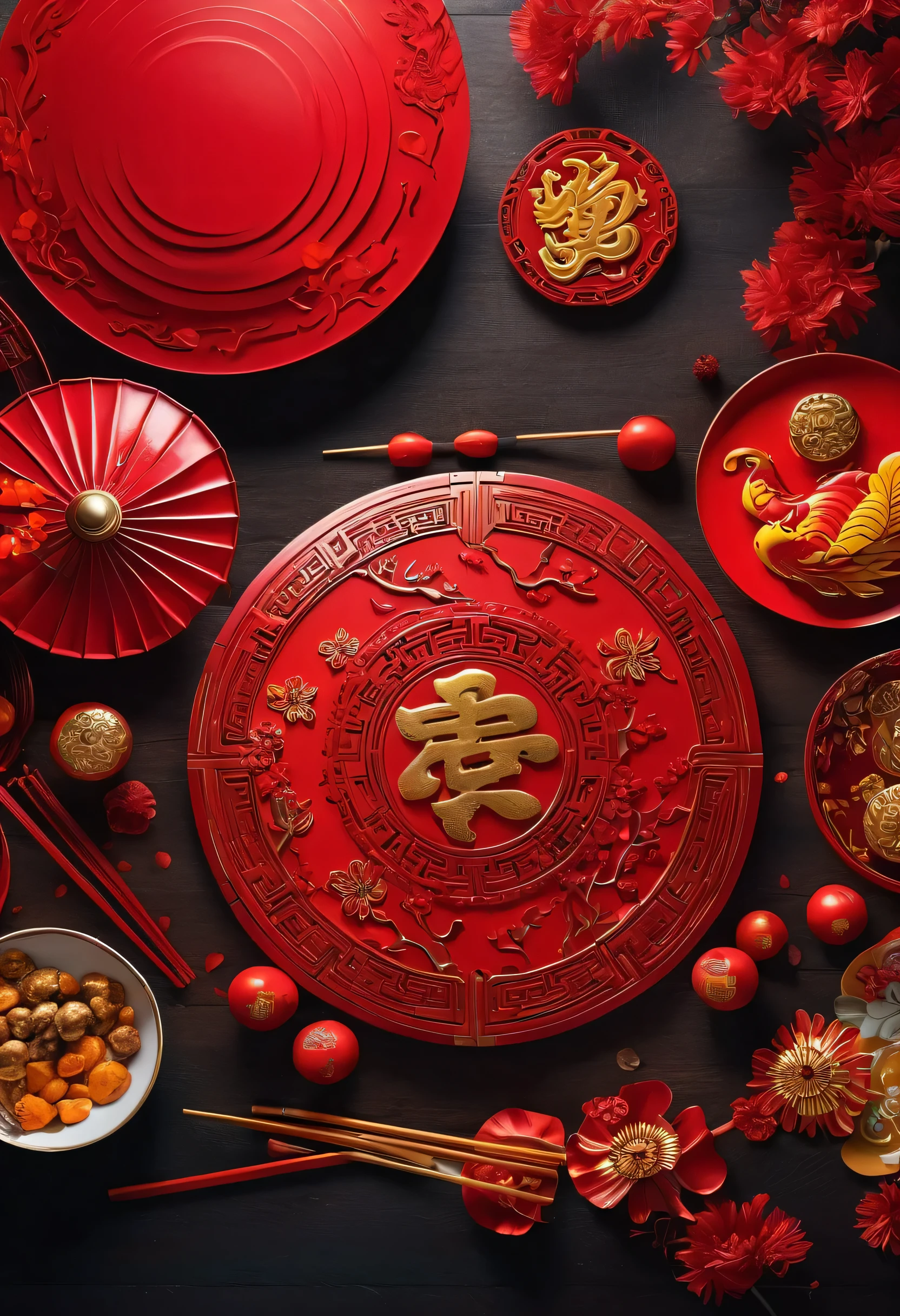 create an image demonstrating the style of ((Chinese New Year)) style, hyper realism, 8k high definition, vibrant colors, sharp focus, insanely detailed