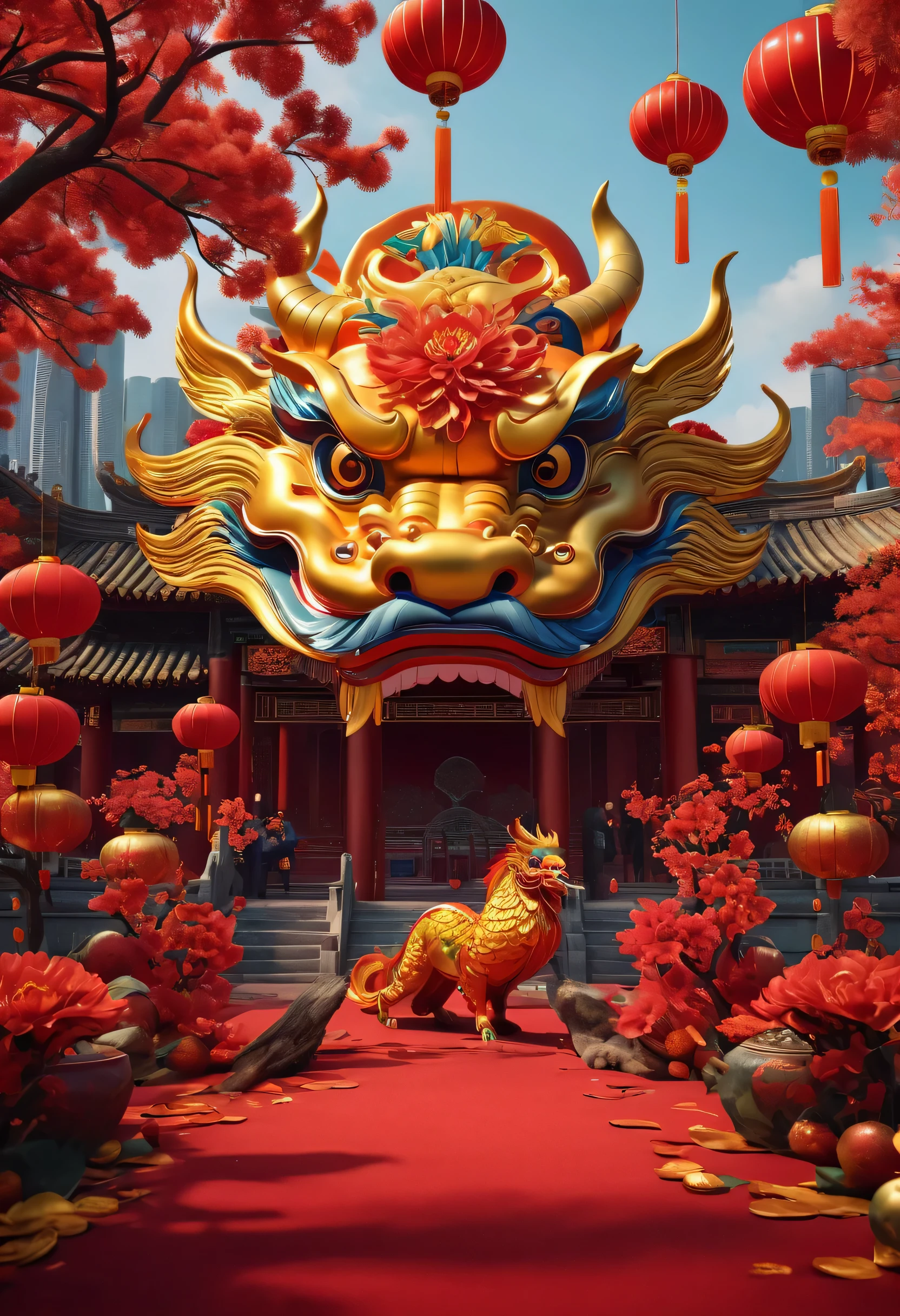 create an image demonstrating the style of ((Chinese New Year)) style, hyper realism, 8k high definition, vibrant colors, sharp focus, insanely detailed