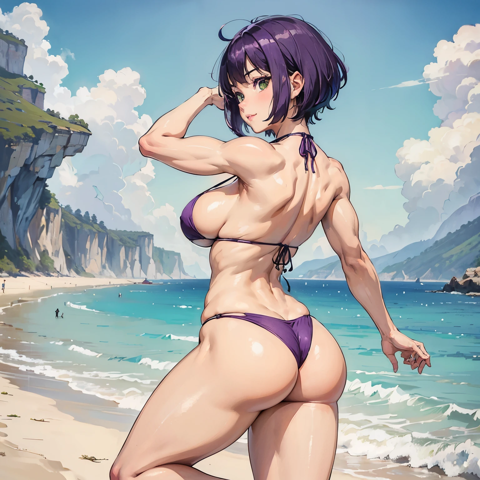 (((1girl, uyltr resolution, ultra-sharp, 8K, artwork, 25yo))), ((purple hair, very short hair, dark green eyes)), ((big breasts, strong arms ,muscular arms, muscular legs,strong legs, strong body, muscular female, Clear Skin)), wearing micro string bikini ,nsfw,smiling, posing feom back to picture , back view, ((showing ass)), ((beach background))