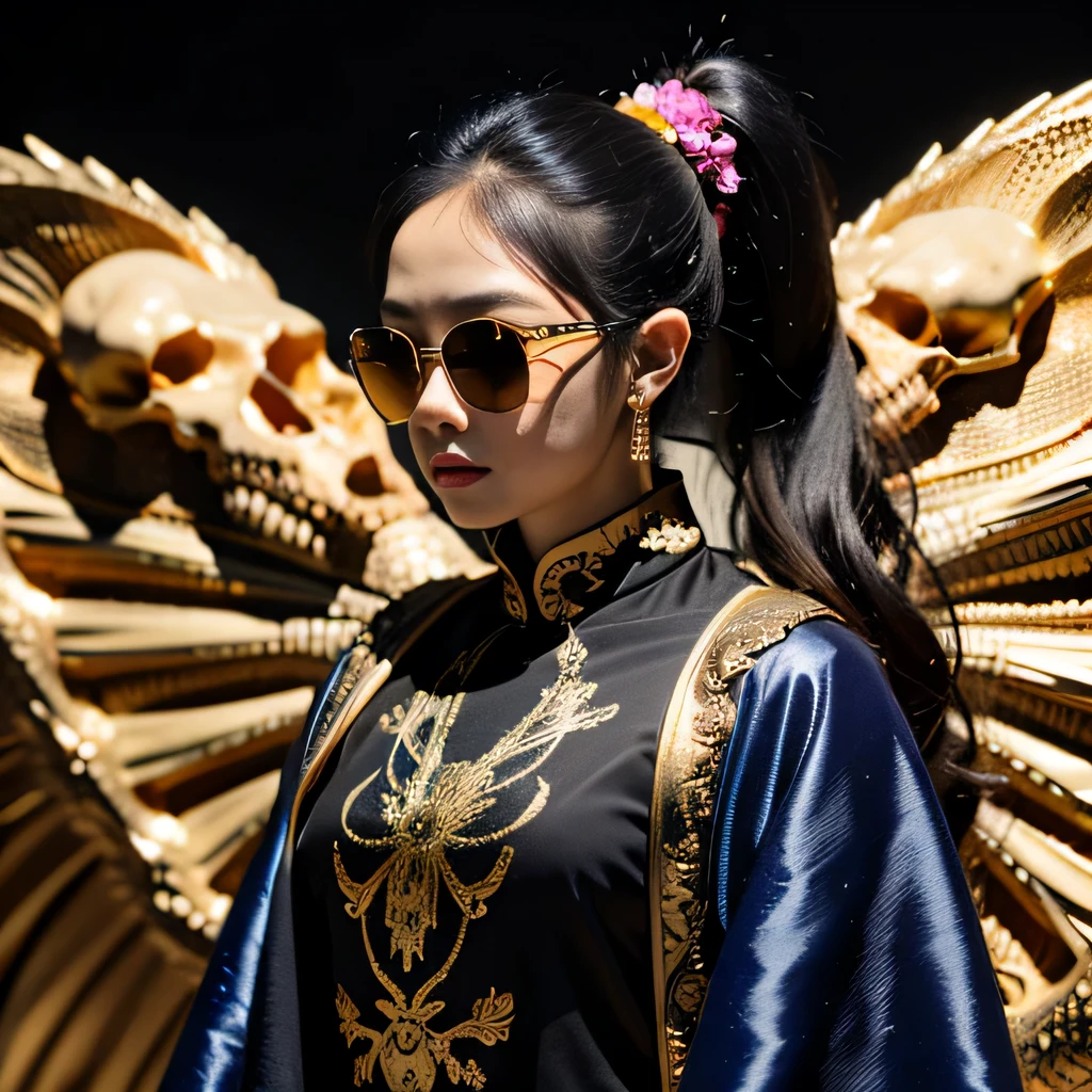 32K（tmasterpiece，k hd，hyper HD，32K）Long flowing black hair，Avatar girl，((Dragon pattern armor)))Girl，10 years old child，Stand in a valley full of flowers，（（（Python pattern battle robe））），Gem Necklace，Exquisite headdress，Long hair hanging down the shoulders，There are six snakes on top of their heads，Snake in hand，The body is decorated with snakes，Four arms，A snake wrapped around his wrist，The ankles are wrapped around the snake，（The union of man and black snake），Solo, The waist is（（deerskin））, The upper body is covered（deerskin,） Holding a fan made of peacock essence in his hand， Trident weapons, Streamers，shaded_face, Pretty big breasts，(((Head background with round light)))，Alpine snow-capped mountains in the distance，Bright sky，Sunny picture，offcial art, (Extremely detailed Cg Unity 8K wallpaper), (Photorealistic:1.4), (Masterpiece), (Best quality:1.2)，Light and shadow tracking，Super HD， A high resolution， the detail， RAW photogr， Sharp Re， Nikon D850 Film Stock Photo by Jefferies Lee 4 Kodak Portra 400 Camera F1.6 shots, Rich colors, ultra-realistic vivid textures, Dramatic lighting, Unreal Engine Art Station Trend, cinestir 800，Long flowing black hair，