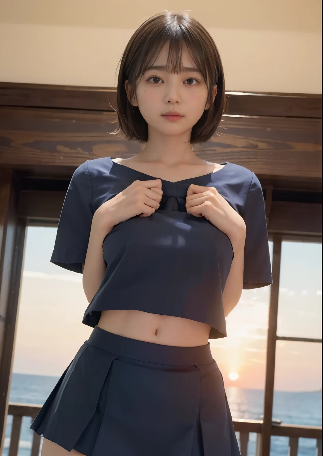 Shyness、smile、((NSFW))、((camel toe))、((female organ:1.1))、(masterpiece, best image quality:1.2), 8k, beautiful girl, (When I lift up my short navy blue skirt, you can see her naked lower body.、I can see your crotch:1.8)、short sleeveの白シャツ、cute face、 body shot、school uniform、 (navy pleated skirt:1.1)、thighs、short sleeve、sunset、Sunset、orange light、Tucked up skirt