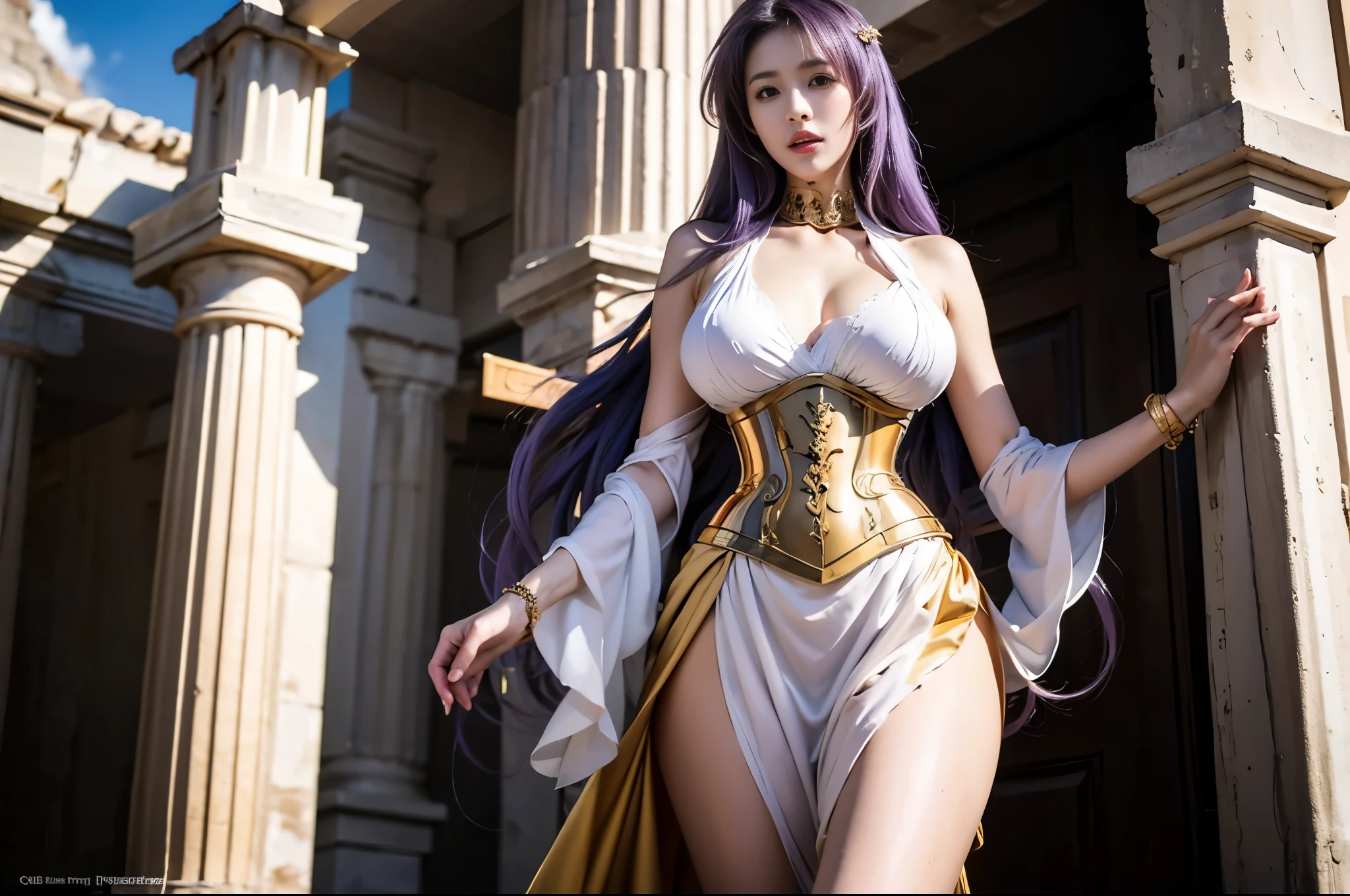 full body display,((Sasha, Greek temple,long purple hair, White dress with gold embroidery edges, golden collar, short skirt ,sleeveless, bare shoulders, clavicle, gold accessories, corset)), 1 girl, 完美的asian goddess,detailed facial features,Stunning supreme beauty,solemn,(from below:1.3)(best quality, actual), fair skin and seductive eyes, full body display，1 girl, alone,(((asian goddess+huge breasts+Raised sexy+supermodel+long legs+delicate skin+perfect face))), (best quality at best+Ultra high quality+ masterpiece+precise+anatomically correct+Ultra-detailed+high detail+ high quality+Award-winning+high resolution+best quality+Award-winning+8k)，[[[[extra hands]]]]