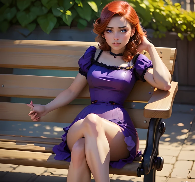 a cartoon picture of a woman in a purple dress sitting on a bench, pinup art, by Mykola Burachek