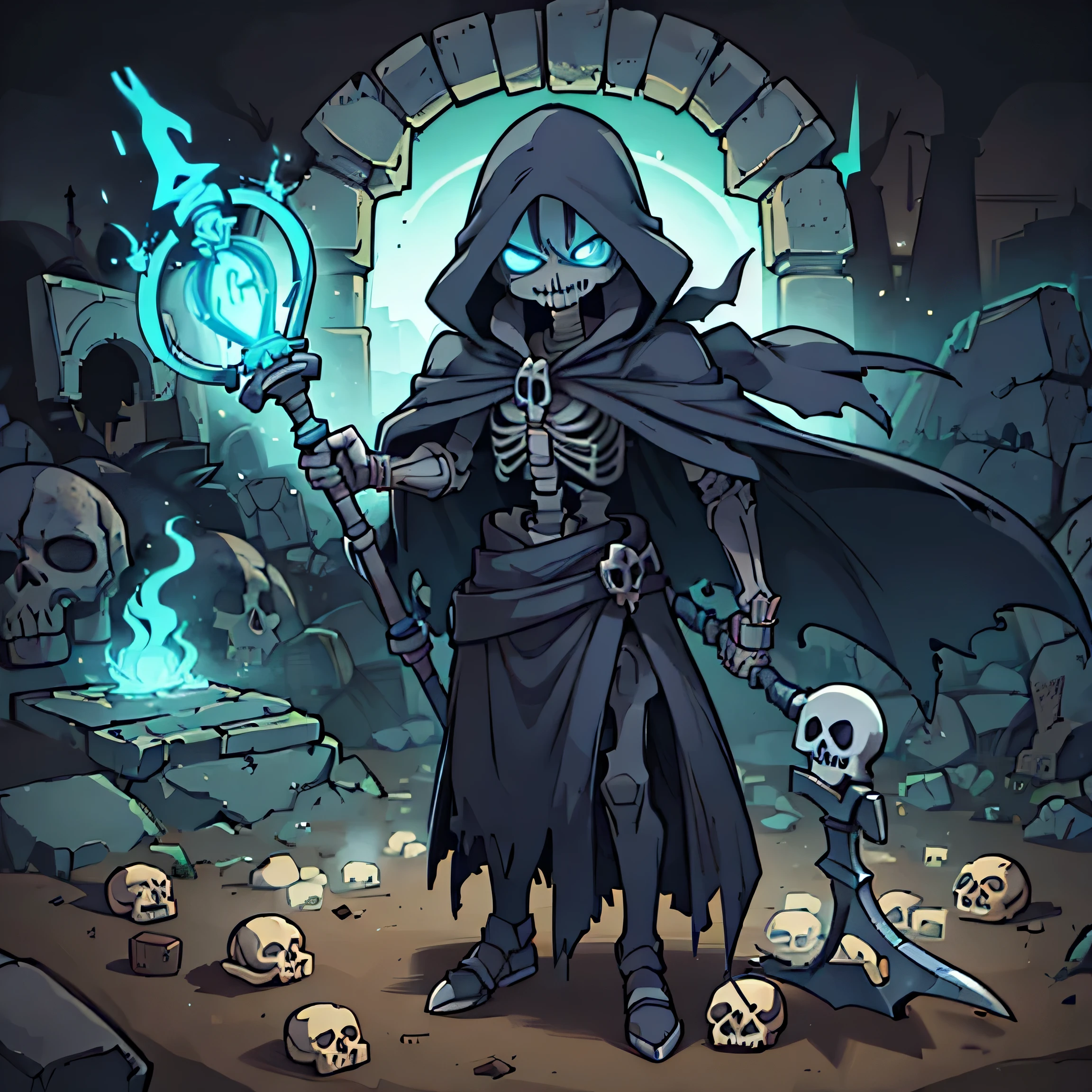 a cartoon skeleton with a scythe and a staff holding a staff, undead mage, undead lich, lich demon mage class, lich, ghostly necromancer, necromancer, skeleton king, dark cloaked necromancer, demon necromancer, arcane art style, undead skeleton king, portrait of the old necromancer