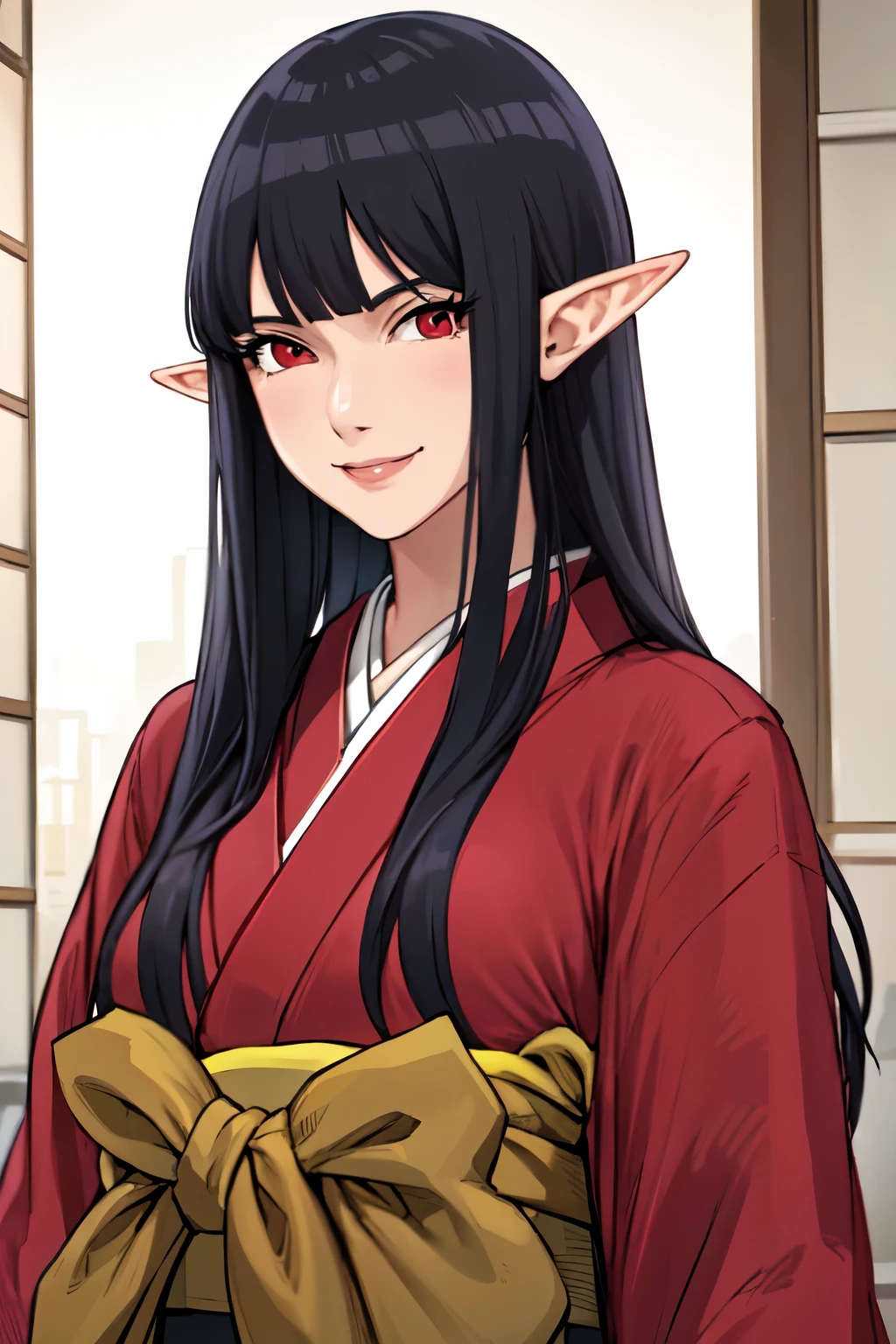 (masterpiece, best quality:1.1),1girl, mature female, elf, bangs, long hair, smile, closed mouth, black hair, red eyes, japanese clothes, kimono, black kimono, upper body