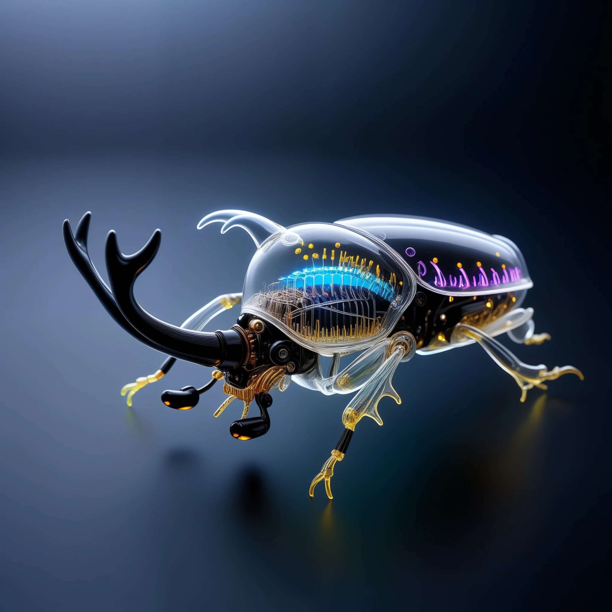 whole body, Pure black background, The combination of biology and machinery, transparent mechanical unicorn beetle, The internal structure is complex and precise, glowing neon light,(Luminescent electronic components and mechanical parts)