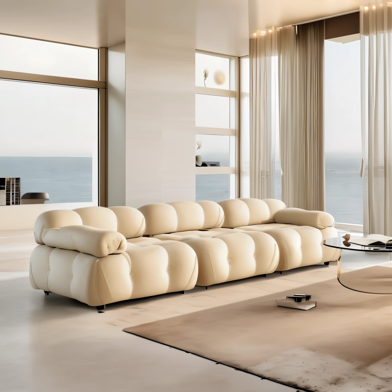 Floor-to-ceiling windows，living room，sofa，Seaside view，Side chairs，coffee table，Cream style，sunset