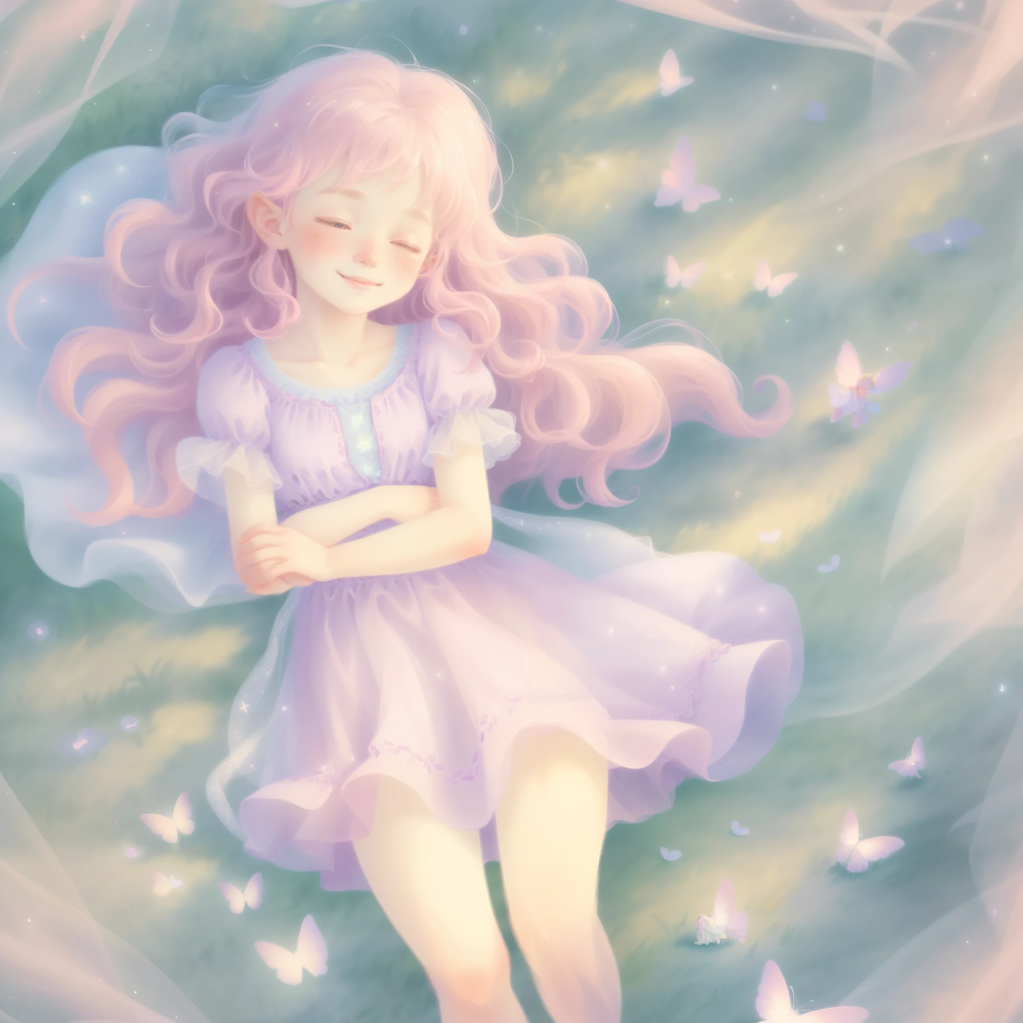 best quality,4k,8k,highres,masterpiece:1.2,ultra-detailed,realistic,photorealistic:1.37,pastel portraits,adorable ,mystical,magical,soft pastel colors,soft lighting,beautiful detailed eyes,beautiful detailed lips,innocent smile,curly hair,pink dress,fairy wings,sparkling stars,enchanted garden,whimsical atmosphere,magical creatures,airy feel,dream-like scenery,gentle brush strokes,subtle textures,elegant pose,playful expression,pure joy,delicate features,faint blush on cheeks,translucent skin,natural lighting,ethereal atmosphere,serene backdrop,soft shadows,soft and dreamy vibes,pastel color palette,evokes a sense of wonder,serene and enchanting scene