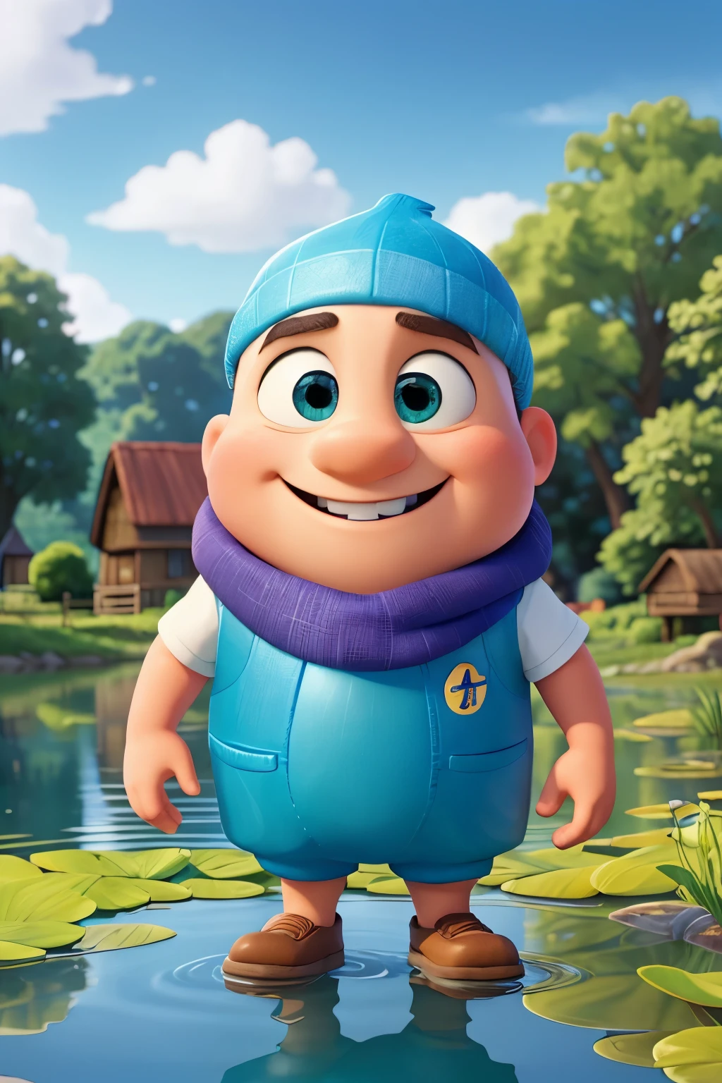 Introducing our lively and friendly Pixar-style animated mascot, a charming blue fish named "Finn"! Finn is dressed in a quirky, sun-kissed fisherman's cap, adding a touch of rustic charm to his appearance. His eyes shine bright and round with a warm and inviting smile, reflecting our brand's commitment to positivity and approachability.
In his picturesque rural setting, Finn swims joyfully amongst the lush greens and colorful blooms of a serene countryside pond. The water sparkles with radiant reflections, capturing the essence of a peaceful farm landscape. This idyllic scene serves as a perfect visual