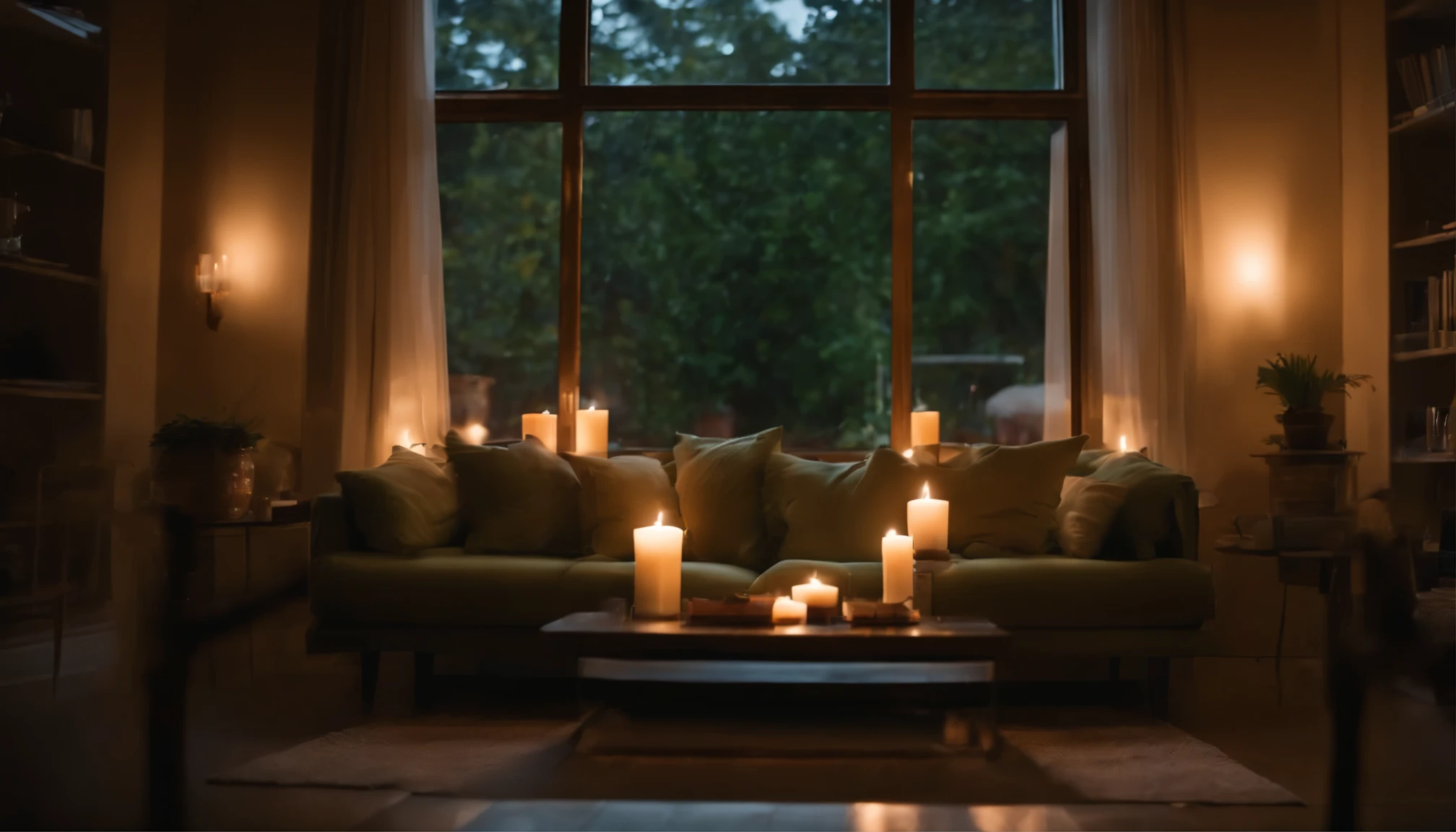 A room with many candles lit, a fluffy sofa and cushions, a beige light green interior, and a bookshelf. Cinema-style indirect lighting.
It's a rainy night outside the window. Zen atmosphere, commercial photography, live action, HD, masterpiece, movie style, blur. Evoke a soft, lively sense of life force with a focus on candles.