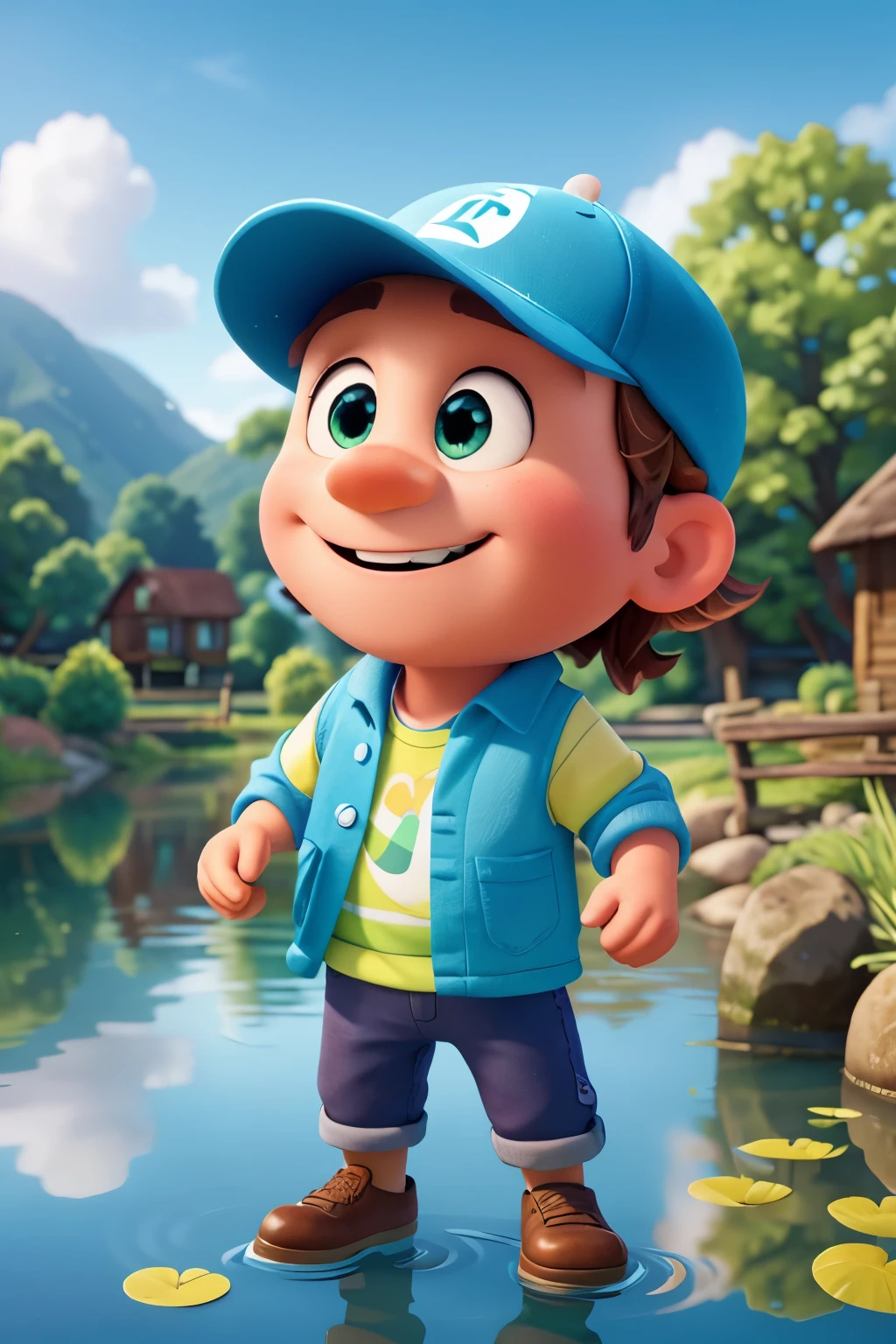 Introducing our lively and friendly Pixar-style animated mascot, a charming blue fish named "Finn"! Finn is dressed in a quirky, sun-kissed fisherman's cap, adding a touch of rustic charm to his appearance. His eyes shine bright and round with a warm and inviting smile, reflecting our brand's commitment to positivity and approachability.
In his picturesque rural setting, Finn swims joyfully amongst the lush greens and colorful blooms of a serene countryside pond. The water sparkles with radiant reflections, capturing the essence of a peaceful farm landscape. This idyllic scene serves as a perfect visual