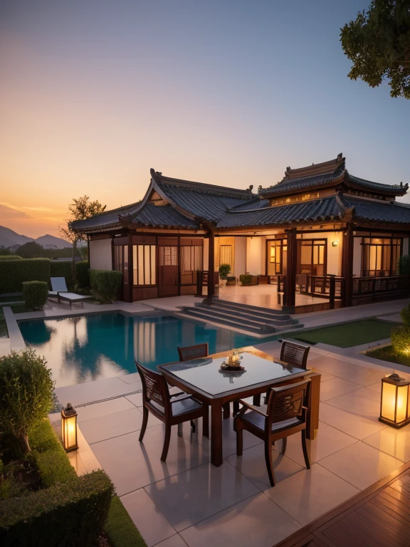 A patio,Chinese-style,Realistic,luxury,Detached villa garden,evening scene,sky clouds sunset,Excellent picture quality,8K Ultra High Definition