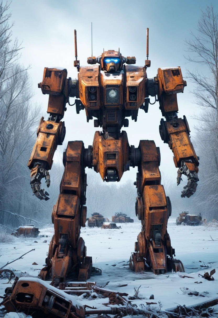 Create a dystopian scene of abandoned mecha robots, frozen in time by rust, capturing a moment of terror
