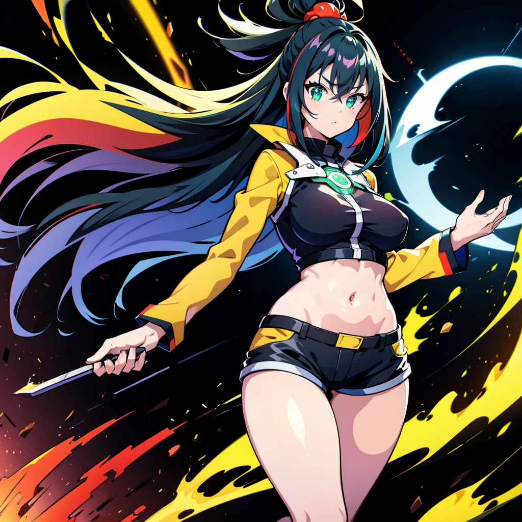 1 girl, alone, Full body, sexy body, belly showing, Big Breasts, long hair, Full HD quality, black hair with NEON RED highlights, Bangs between eyes, neon green eyes, sexy face, short jacket, slightly open jacket , Navel, Navel exposed, short shorts, Slightly open, fire element coming out of his hands, fire element in his hand, Full HD quality, ELEMENTAL FIRE AURA AROUND THE BODY,