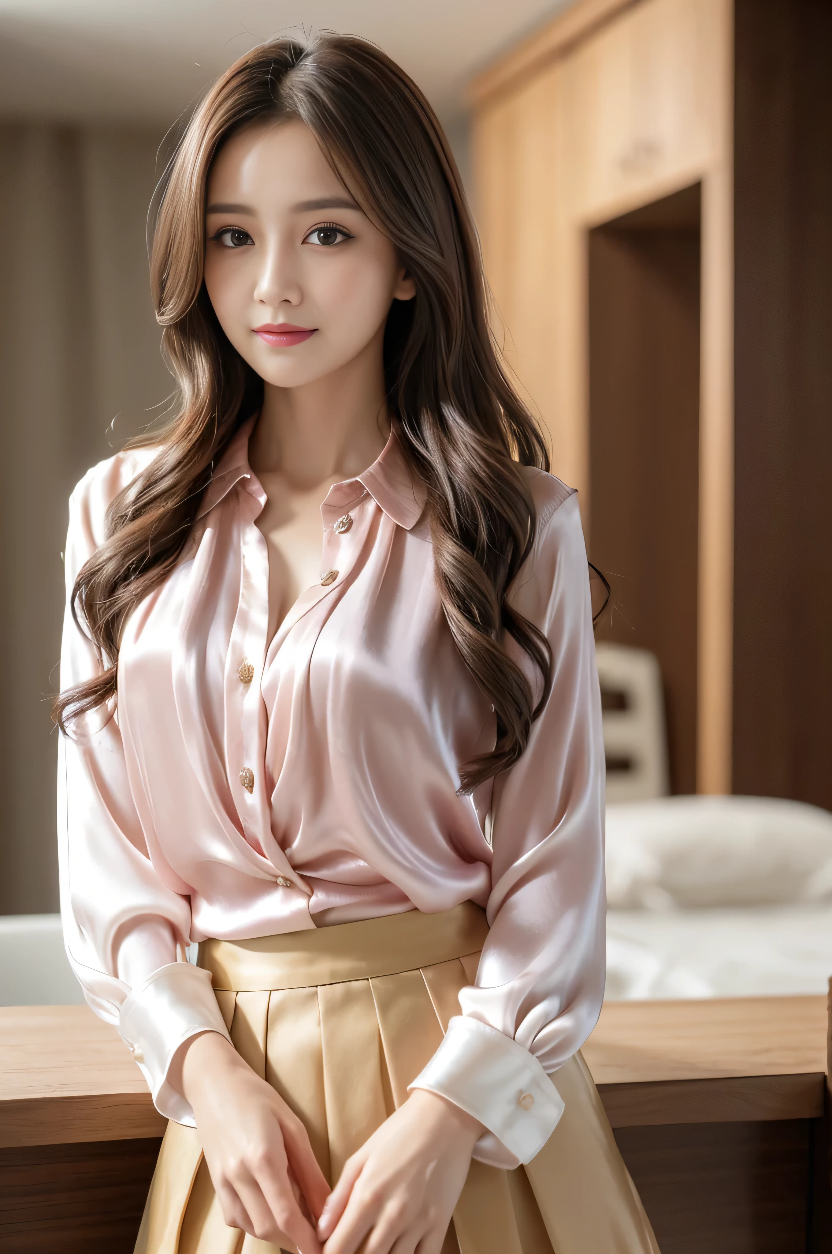 Bread chira、whole body、field, best quality, Realistic, super detailed, down to the last detail, High resolution, 4k wallpaper, Beautiful woman,, light brown super long hair, wore a suit, perfect dynamic composition, beautiful and delicate eyes, delicate hair, Round face model body type、mini skirt、drooping eyes、shy smile,((Hair with loose waves inside:1.2)),((Blouses and skirts, Wearing a silk blouse, wear a shirt and skirt:1.3)),