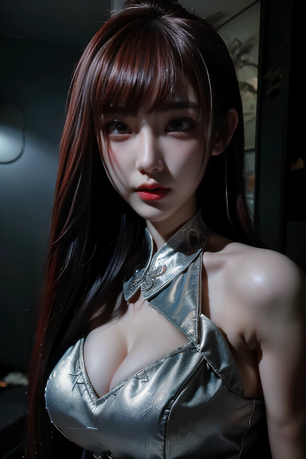 Masterpiece,Game art,The best picture quality,Highest resolution,8K,(Portrait),Unreal Engine 5 rendering works,(Digital Photography),((Portrait Feature:1.5)),
20 year old girl,Short hair details,With long bangs,(The red eye makeup is very meticulous),(With long gray hair:1.4),(Large, full breasts),Elegant and noble,Brave and charming,
(Future armor combined with the characteristics of ancient Chinese armor,Hollow design,Power Armor,The mysterious Eastern runes,A delicate dress pattern,A flash of magic),Warrior of the future,Cyberpunk figures,Background of war,
Movie lights,Ray tracing,Game CG,((3D Unreal Engine)),OC rendering reflection pattern