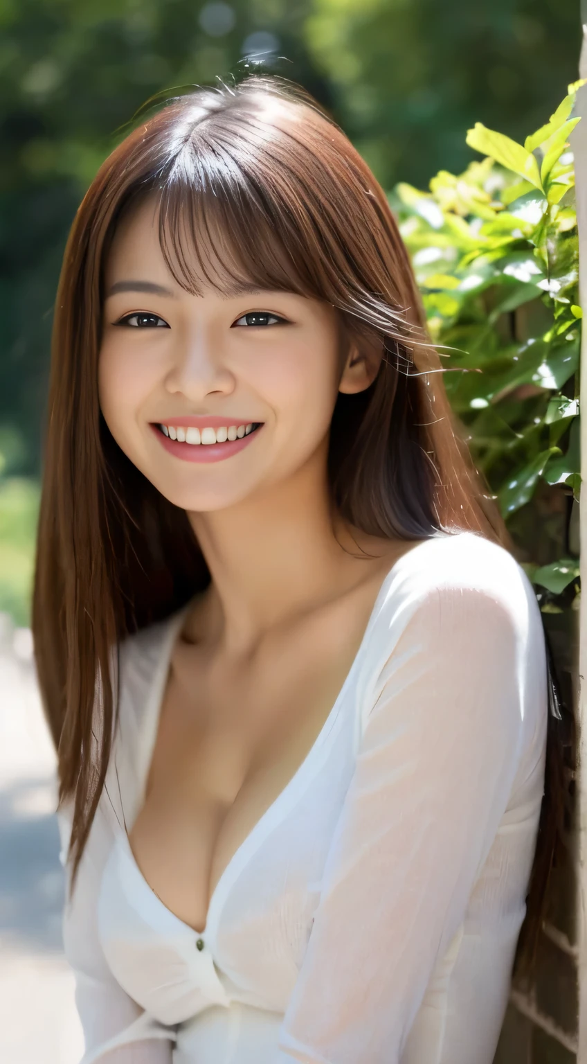 masterpiece,highest quality,(Japanese),((beautiful girl)),cleavage,(See-through),((Clothes that are close to the skin)),An expression that imagines something pleasant:1.2,(perfect body beauty:1.2),(shy smile),beautiful teeth,