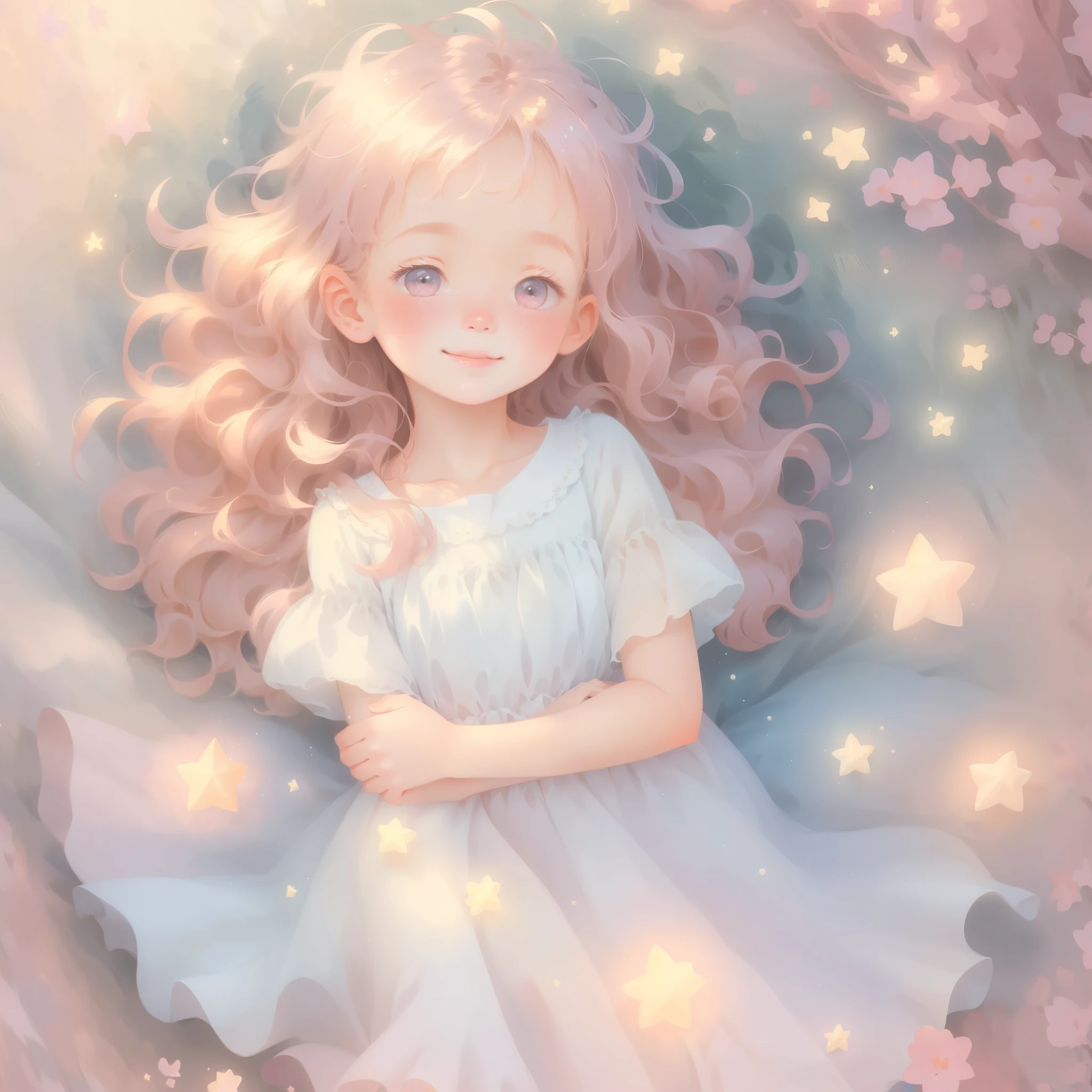best quality,4k,8k,highres,masterpiece:1.2,ultra-detailed,realistic,photorealistic:1.37,pastel portraits,adorable ,mystical,magical,soft pastel colors,soft lighting,beautiful detailed eyes,beautiful detailed lips,innocent smile,curly hair,pink dress,fairy wings,sparkling stars,enchanted garden,whimsical atmosphere,magical creatures,airy feel,dream-like scenery,gentle brush strokes,subtle textures,elegant pose,playful expression,pure joy,delicate features,faint blush on cheeks,translucent skin,natural lighting,ethereal atmosphere,serene backdrop,soft shadows,soft and dreamy vibes,pastel color palette,evokes a sense of wonder,serene and enchanting scene
