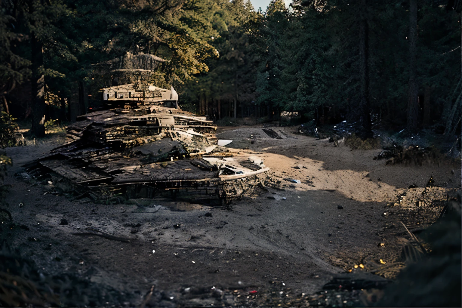 a crashed star destroyer in a forest, wreckage of a star destroyer, burned and broken star destroyer in a forest, photo realistic, smashed star destroyer, star wars, hyper realistic, best