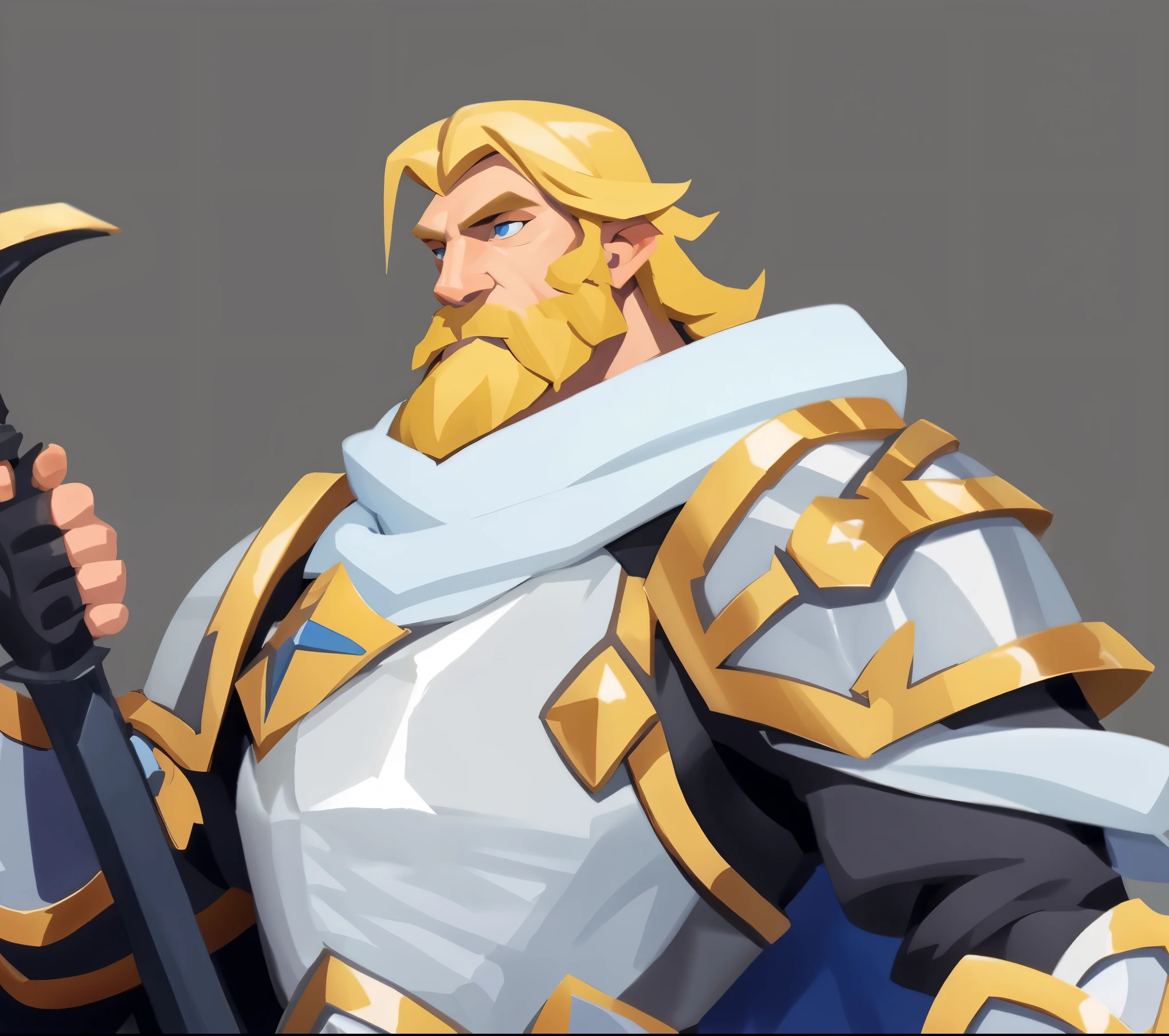 concept art, european cartoon, game character design, avatar, 1 person, paladin, paladin, solo, beard, detail, blue eyes, mature male, male focus, beard, armor, skinny, assassin, full body, blonde, fine Thin muscular, middle-aged man, strong, white cloak, shoulder armor, breastplate, standing, dark hair, holding a big sword, a huge sword